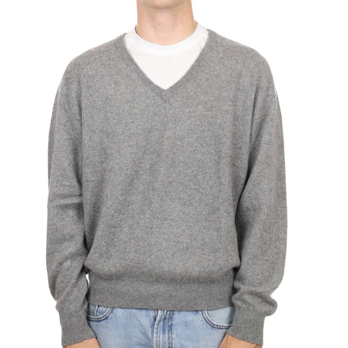 Men's Smoke Grey Cashmere V Neck Jumper Large