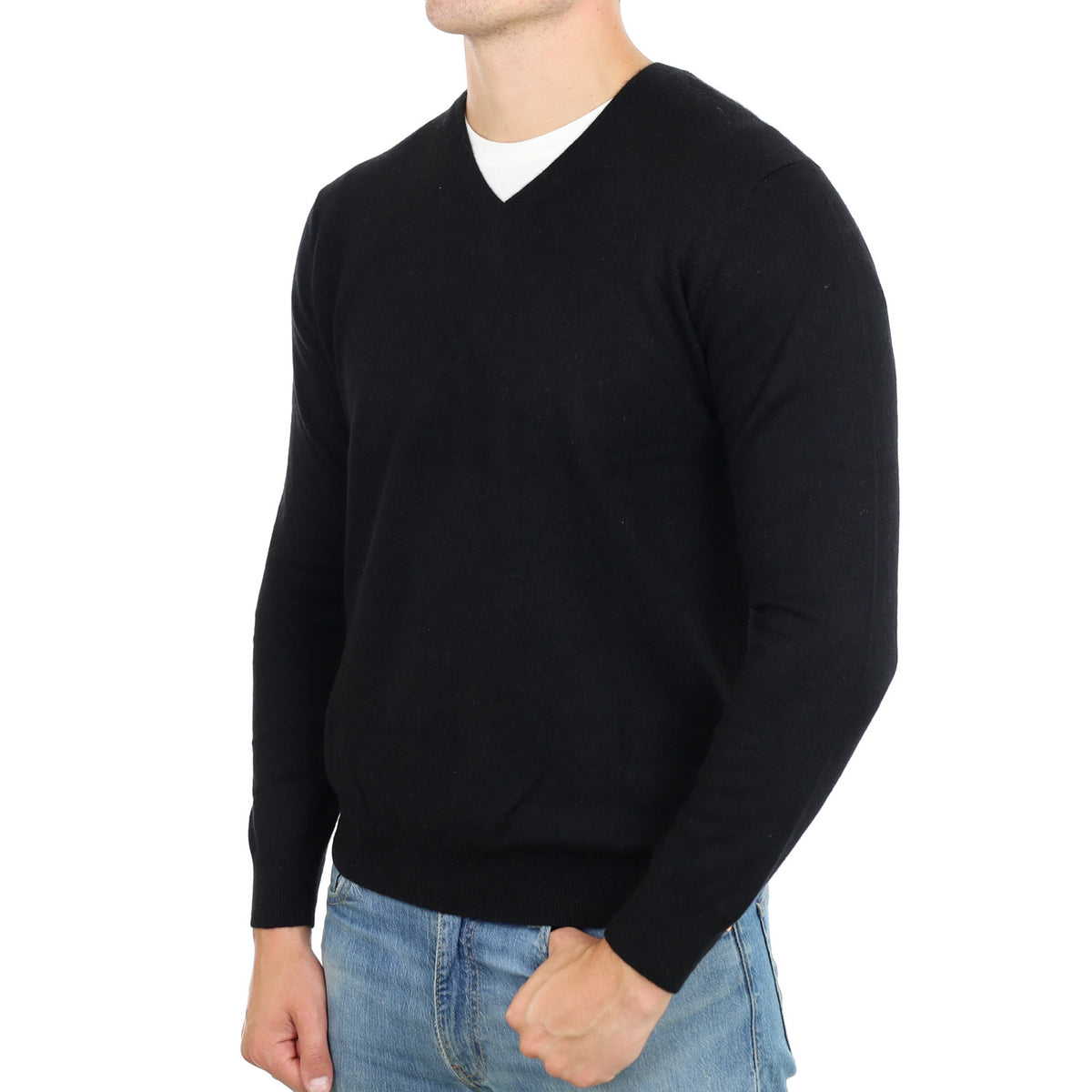 Men's Black Cashmere V Neck Jumper XL
