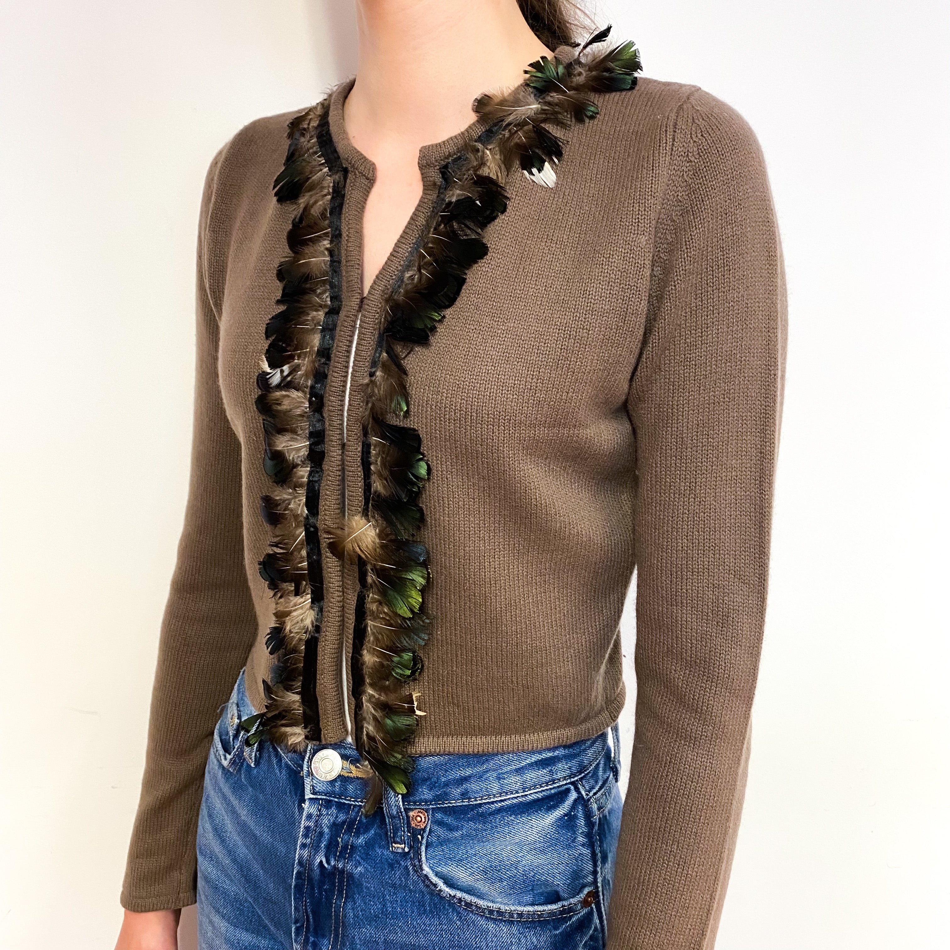 Kinga Mathe Brown Feathered Cashmere Cropped Cardigan Extra Small