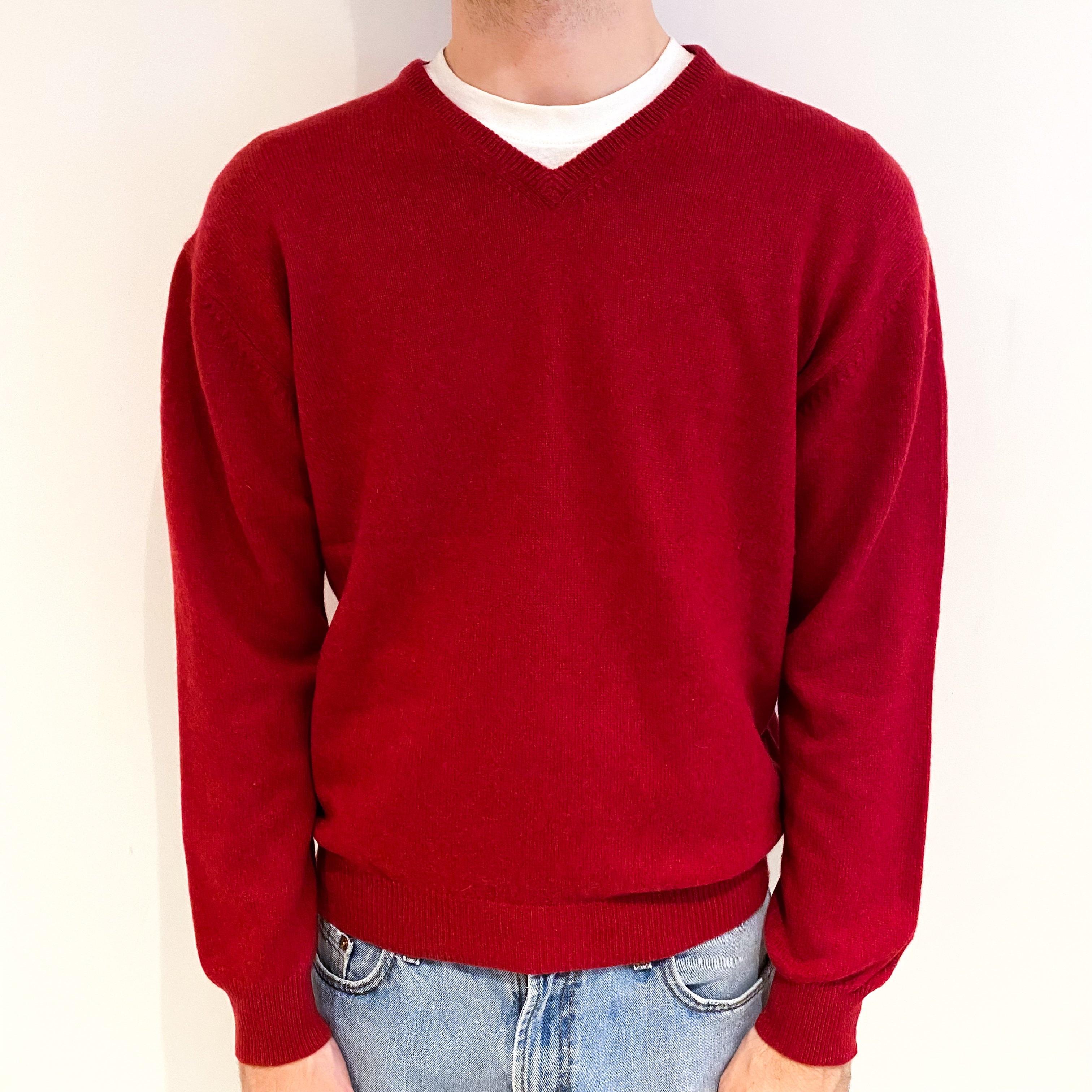 Men's Rust Red Cashmere V Neck Jumper Medium