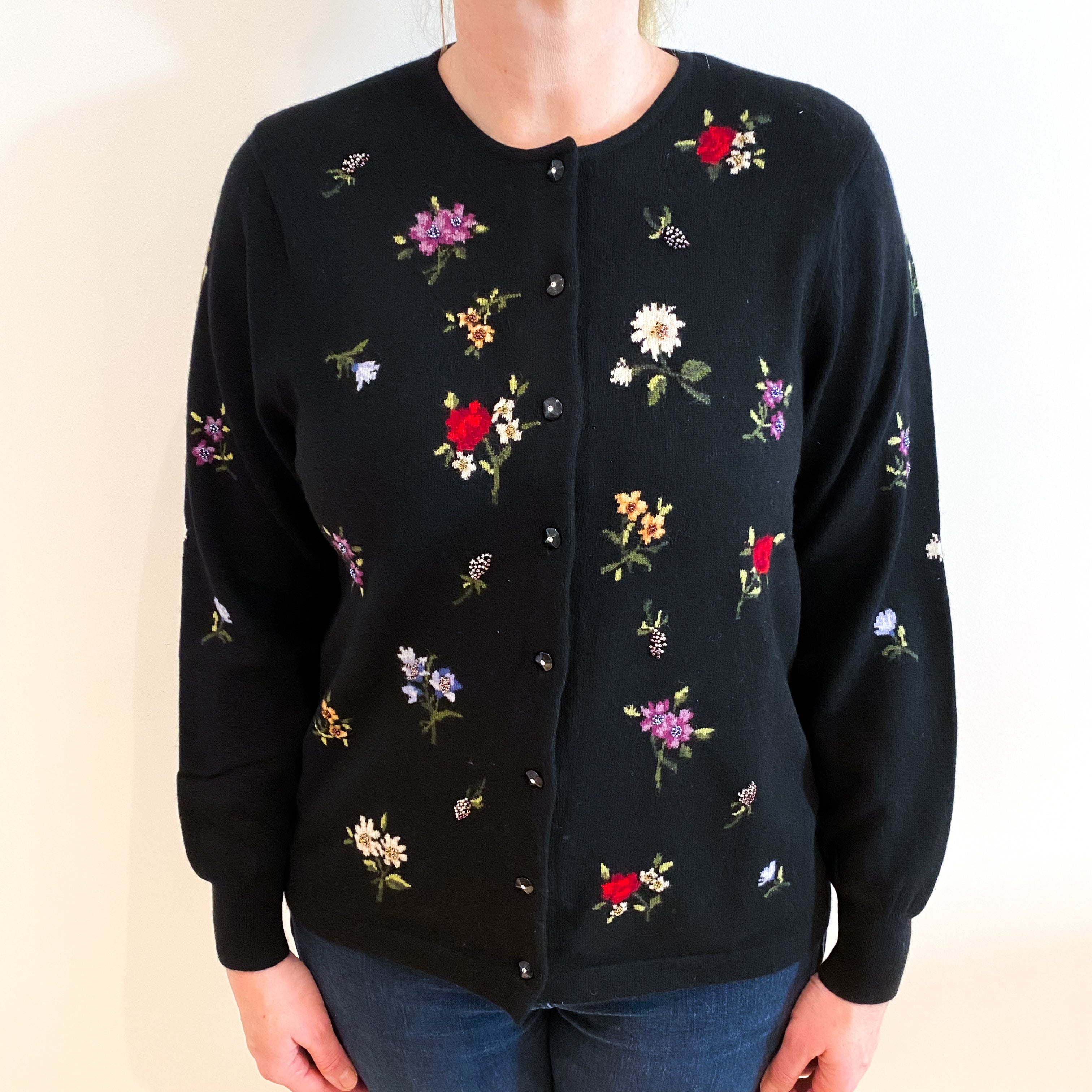 Black Floral Cashmere Crew Neck Cardigan Large