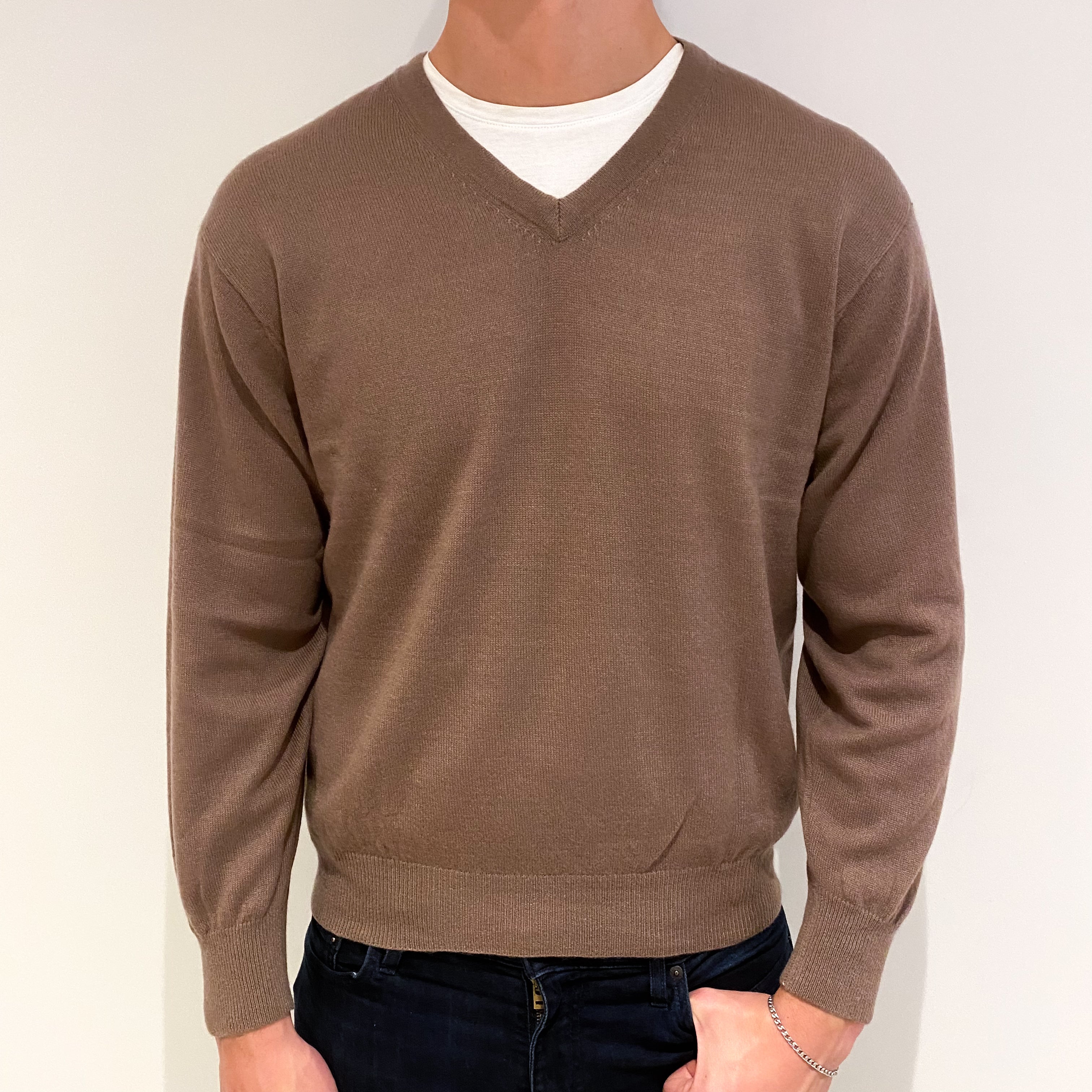 Men's Mocha Brown Cashmere V-Neck Jumper Extra Large