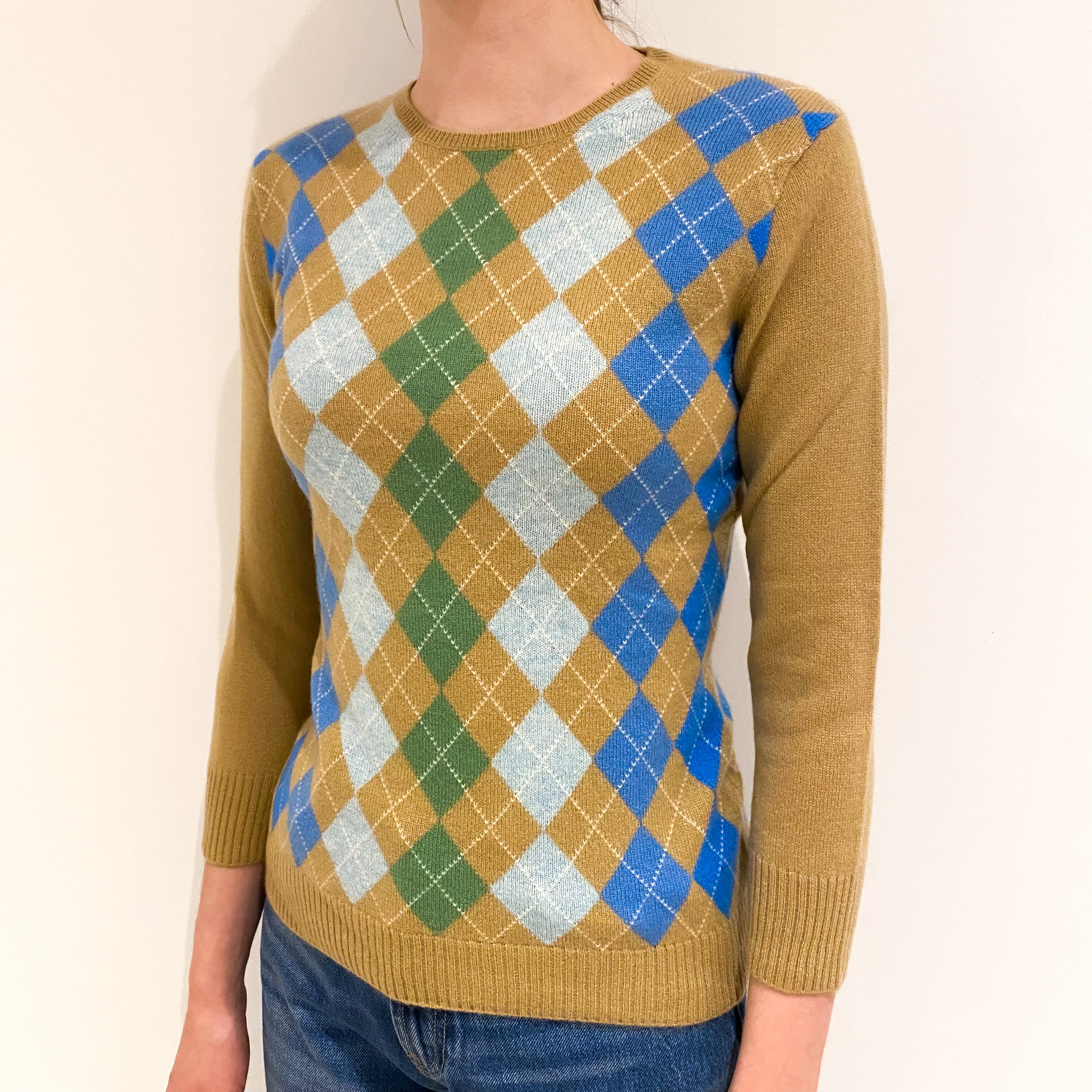 Camel, Blue and Green Argyle Cashmere Crew Neck Jumper Extra Small