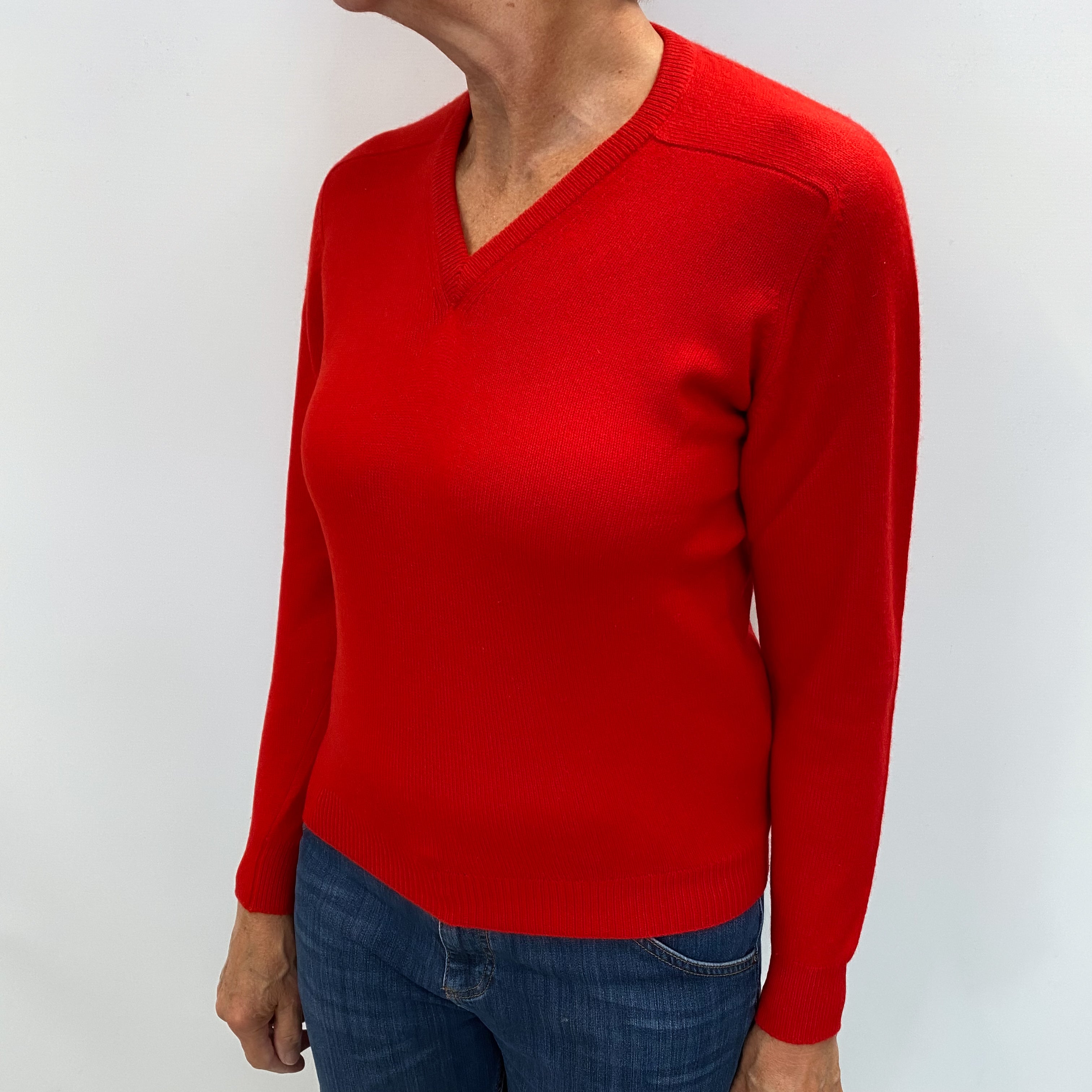 Scottish Scarlet Red Cashmere V Neck Jumper Medium