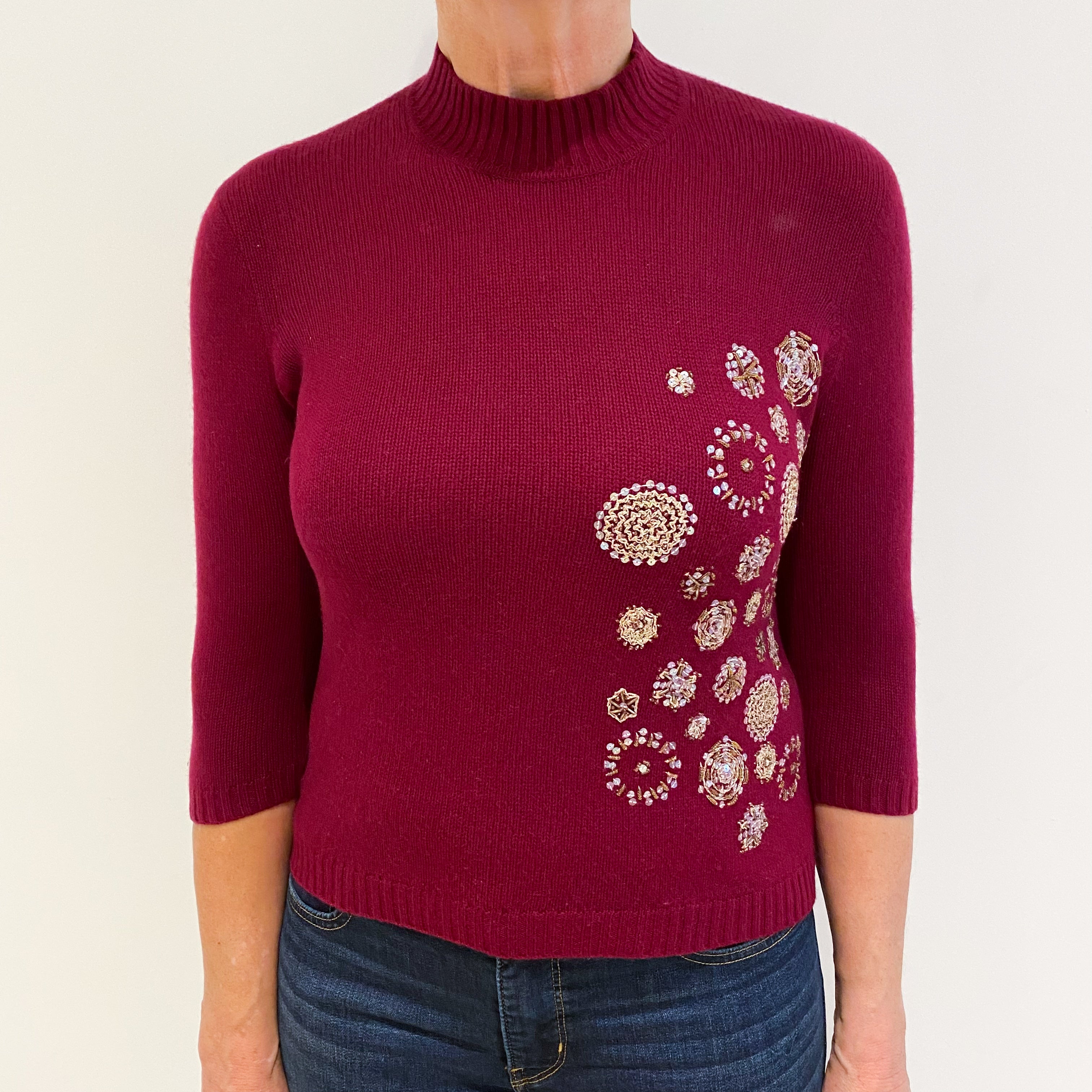 Garnet Red Embellished Cashmere Turtle Neck Jumper Medium