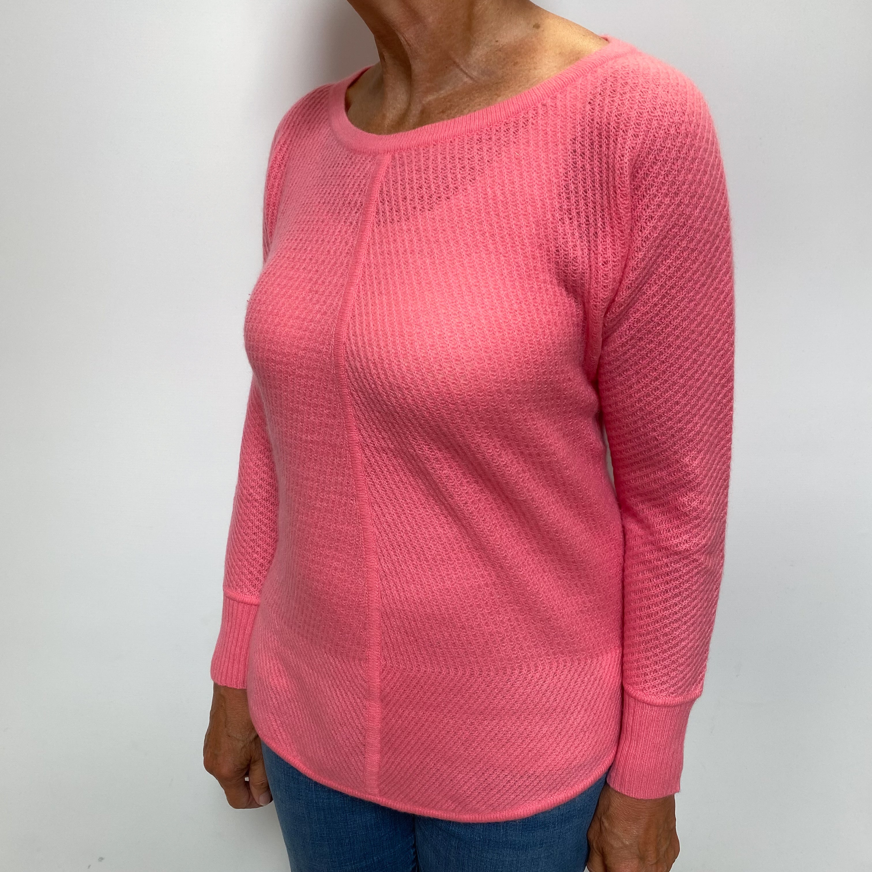 Flamingo Pink Cashmere Textured Scoop Neck Jumper Medium