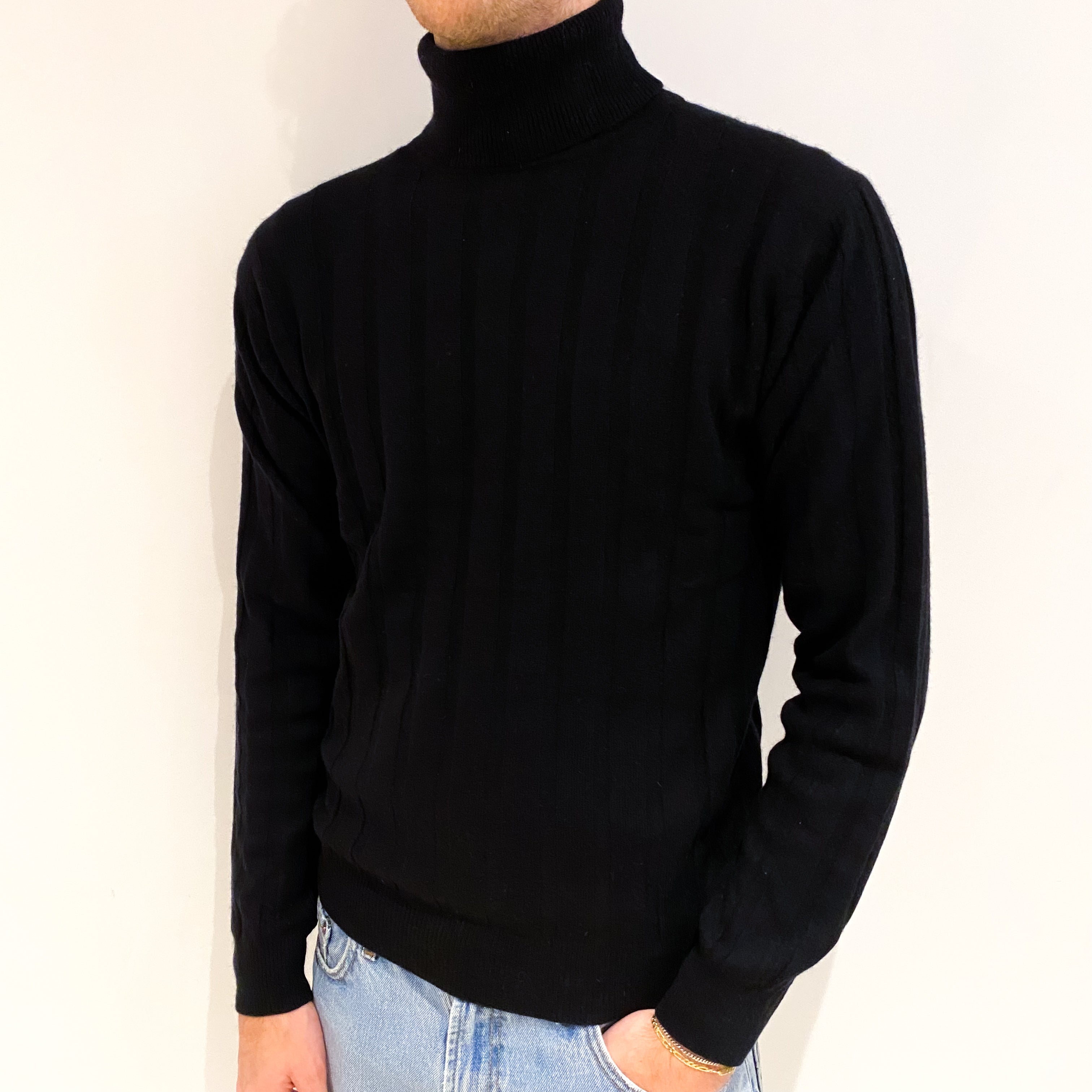 Men’s Black Cashmere Polo Neck Jumper Medium