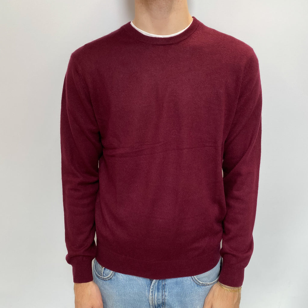 Men's Burgundy Red Cashmere Crew Neck Jumper Large