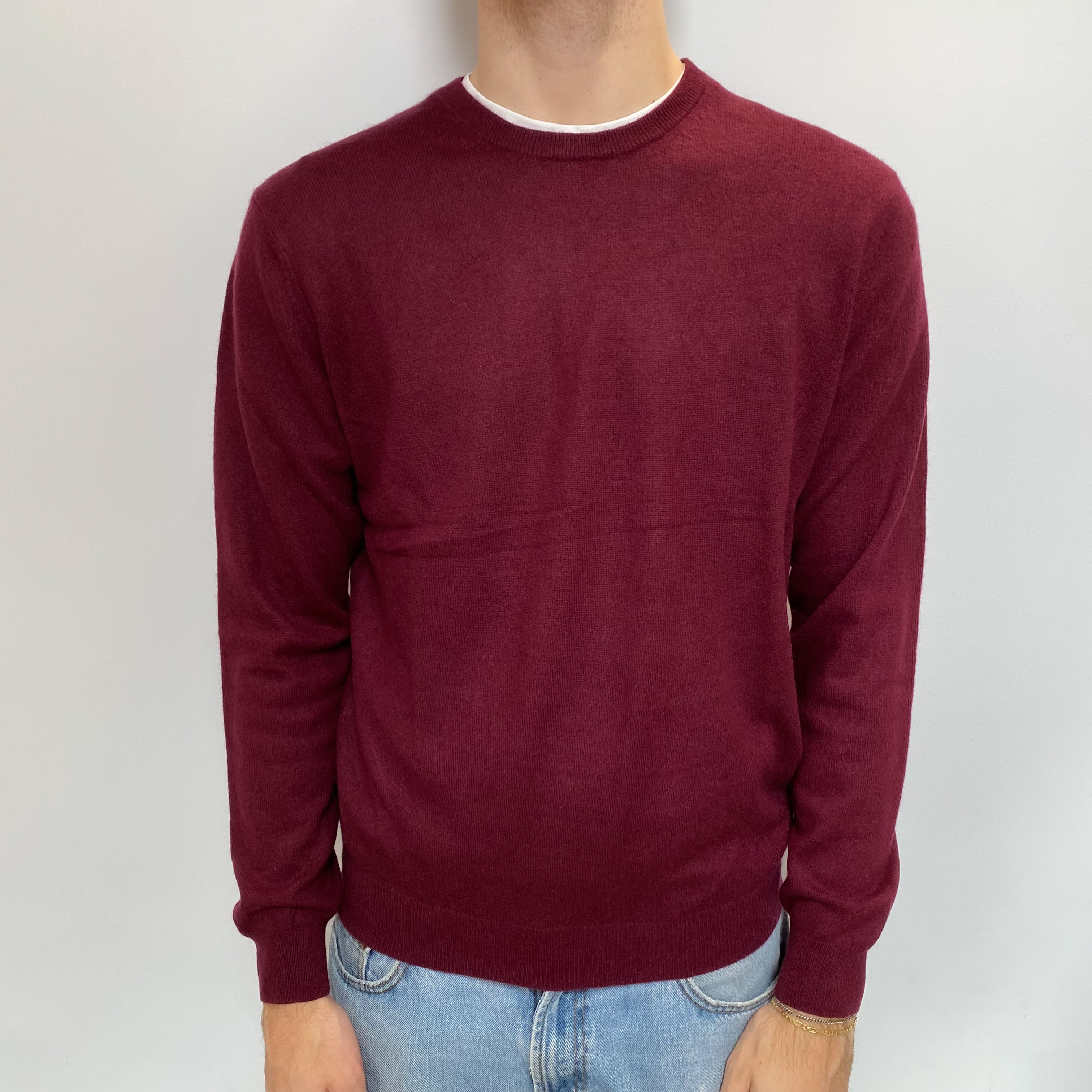 Men's Burgundy Red Cashmere Crew Neck Jumper Large