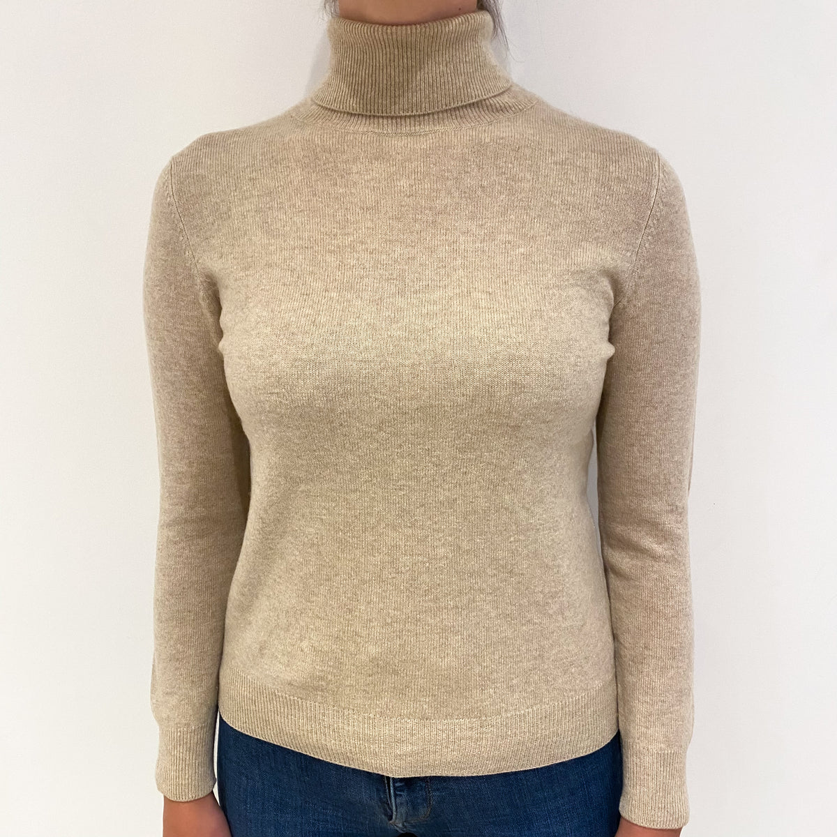 Sand Beige Cashmere Polo Neck Jumper Small