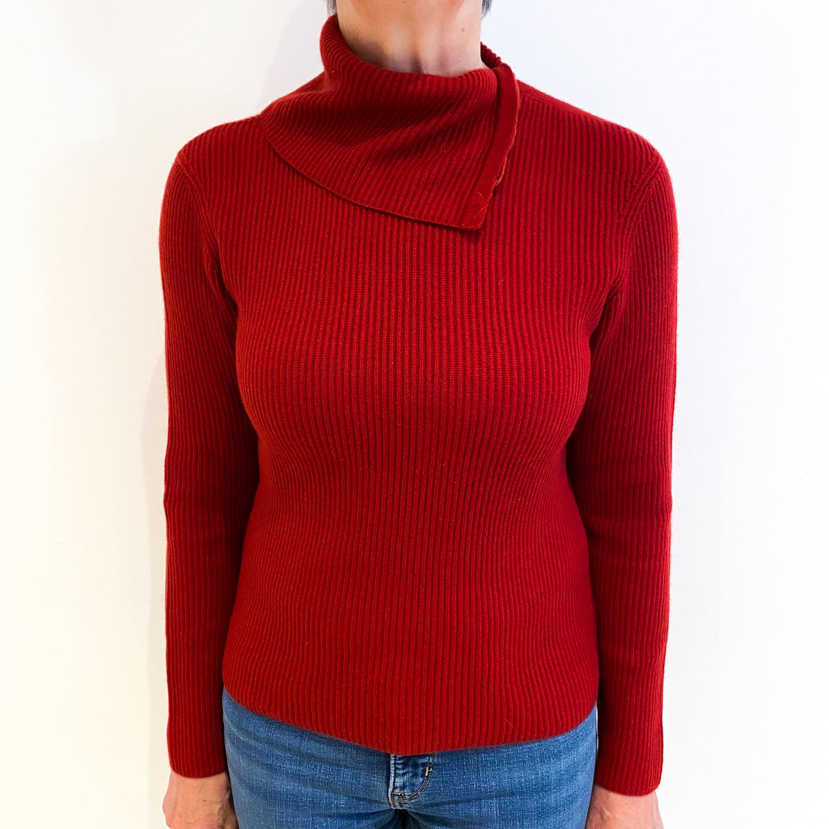 Crimson Red Cashmere Button Up Polo Neck Jumper Medium