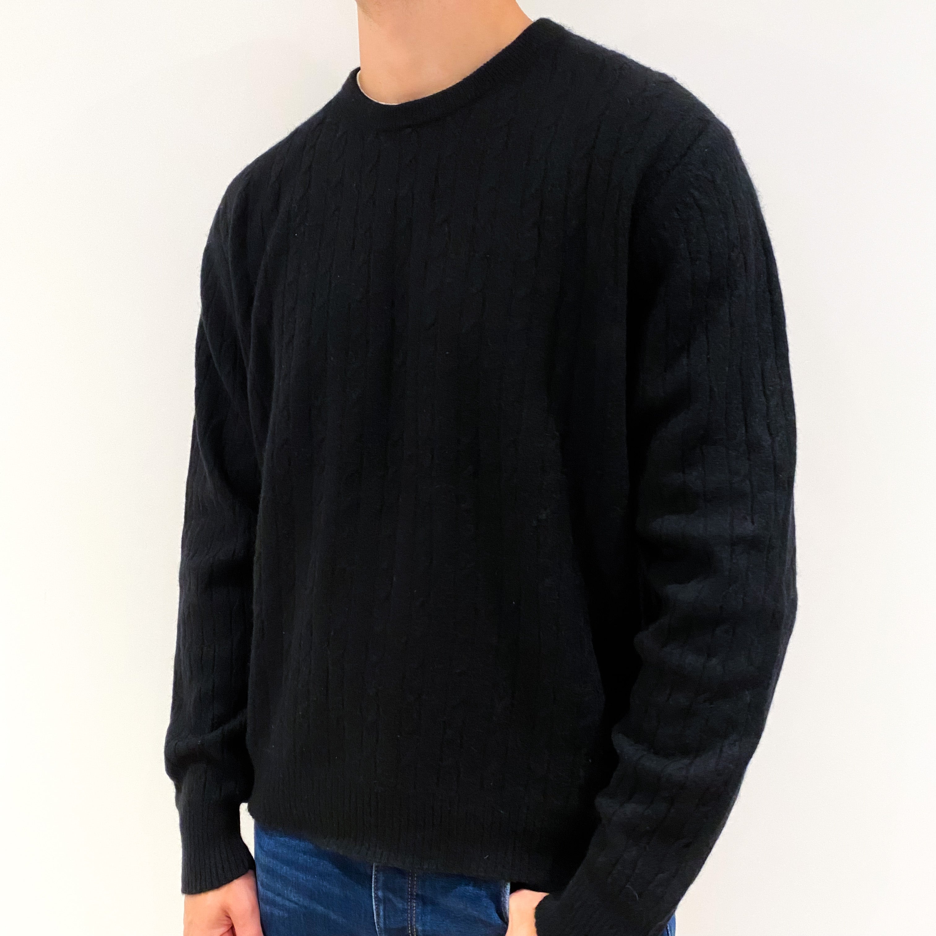 Men's Black Cable Cashmere Crew Neck Jumper Extra Large