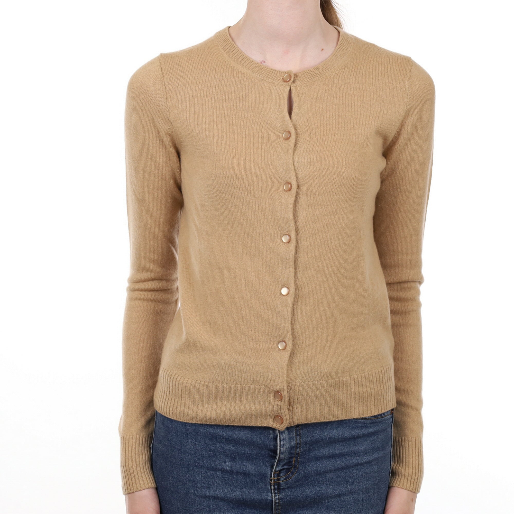 Caramel Brown Cashmere Crew Neck Cardigan Extra Small
