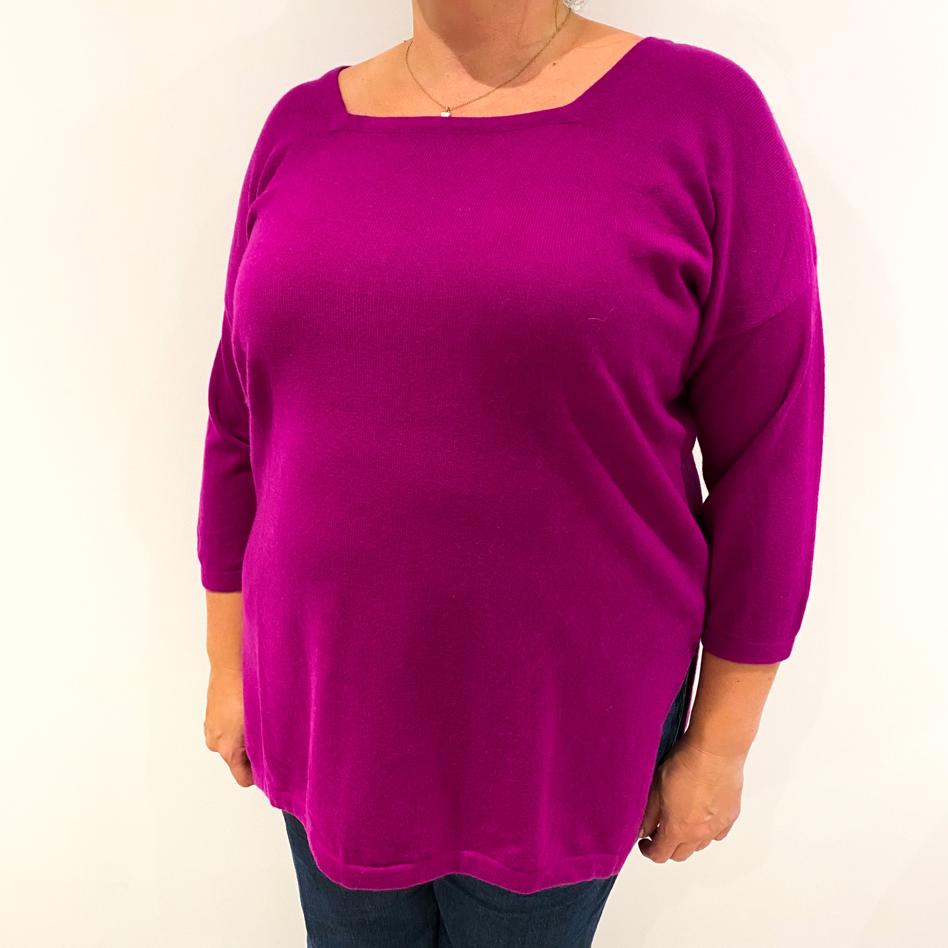 Magenta Pink Cashmere Sweetheart Neck Tunic Jumper Extra Large