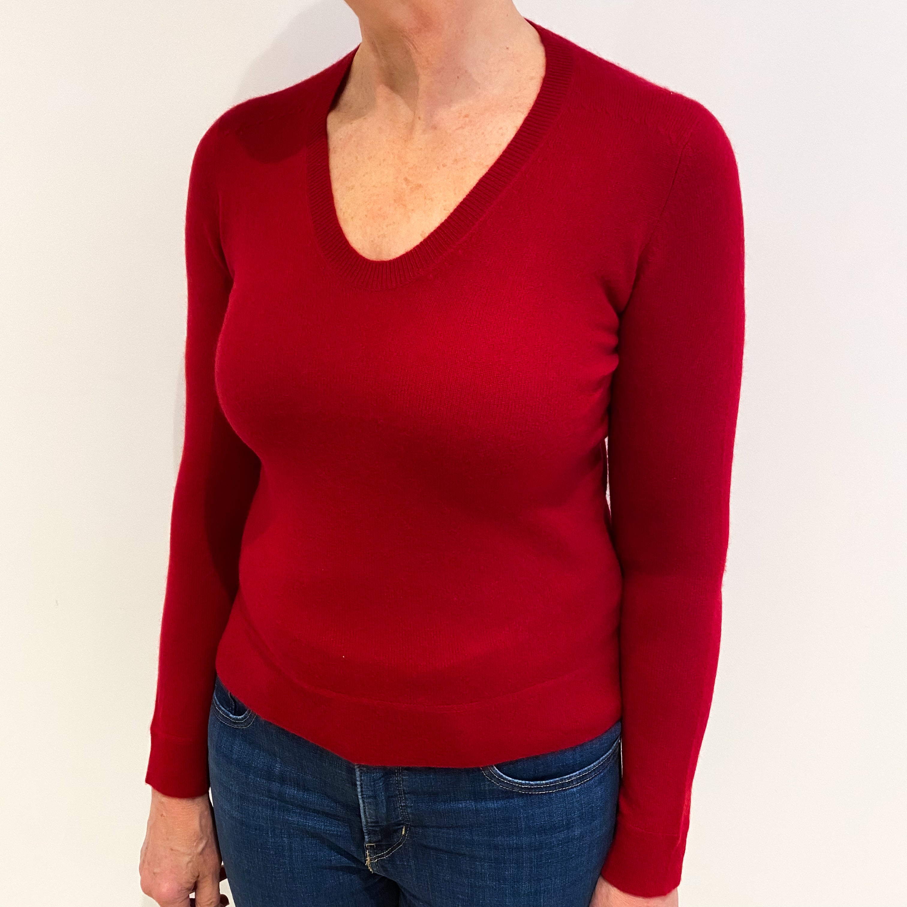 Post Box Red Cashmere V Neck Jumper Medium