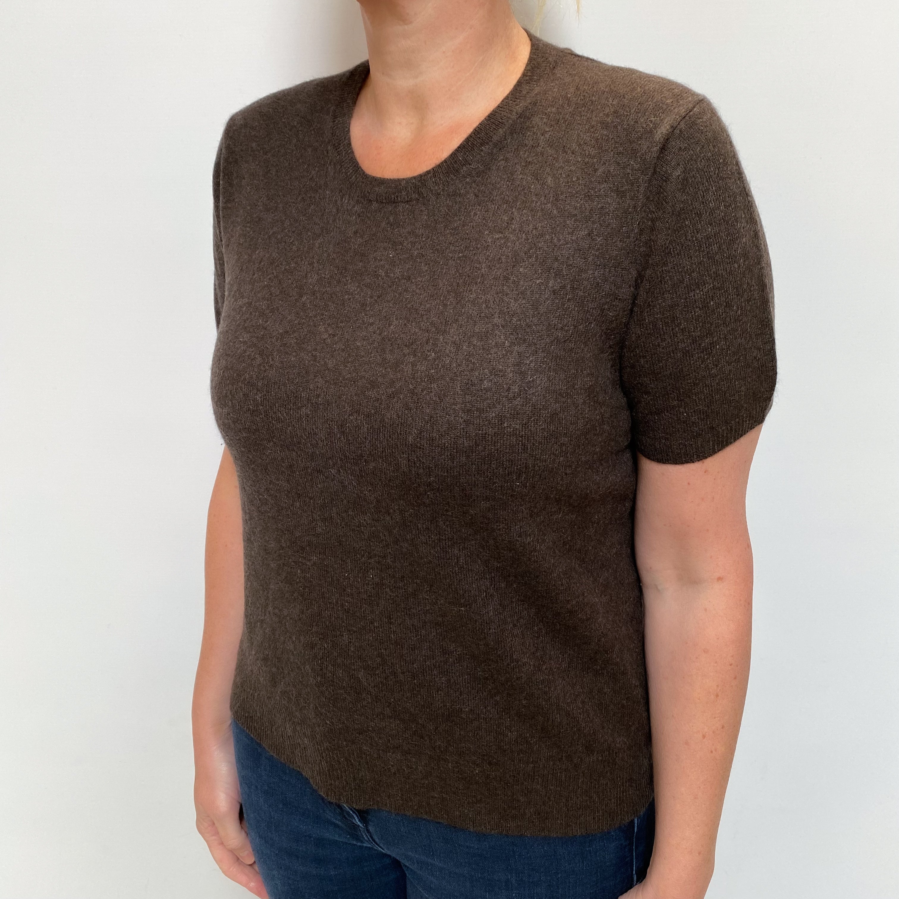 Peppercorn Brown Cashmere Short Sleeve Crew Neck Jumper Large