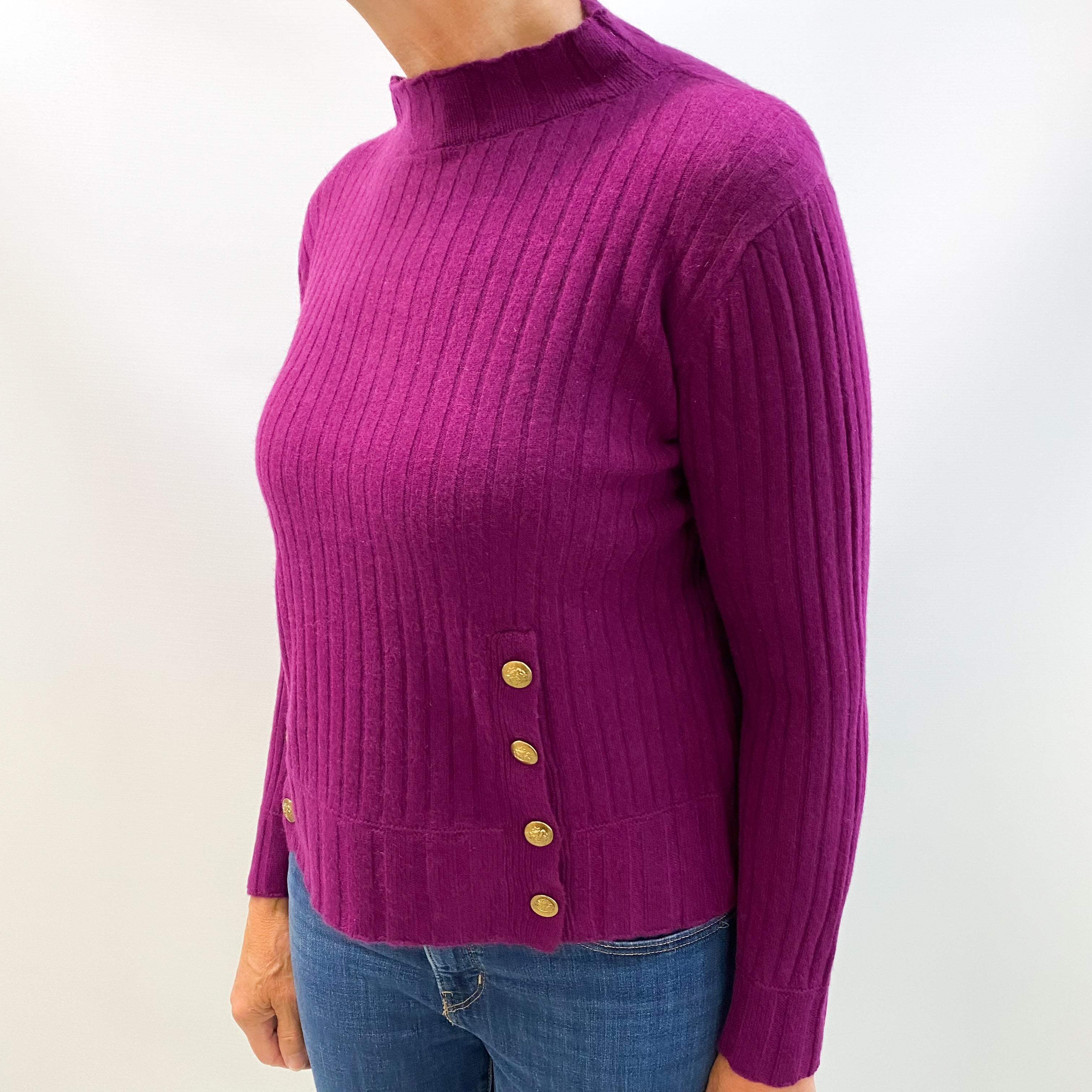 Deep Magenta Purple Cashmere Polo Neck Rib Knit Jumper Medium