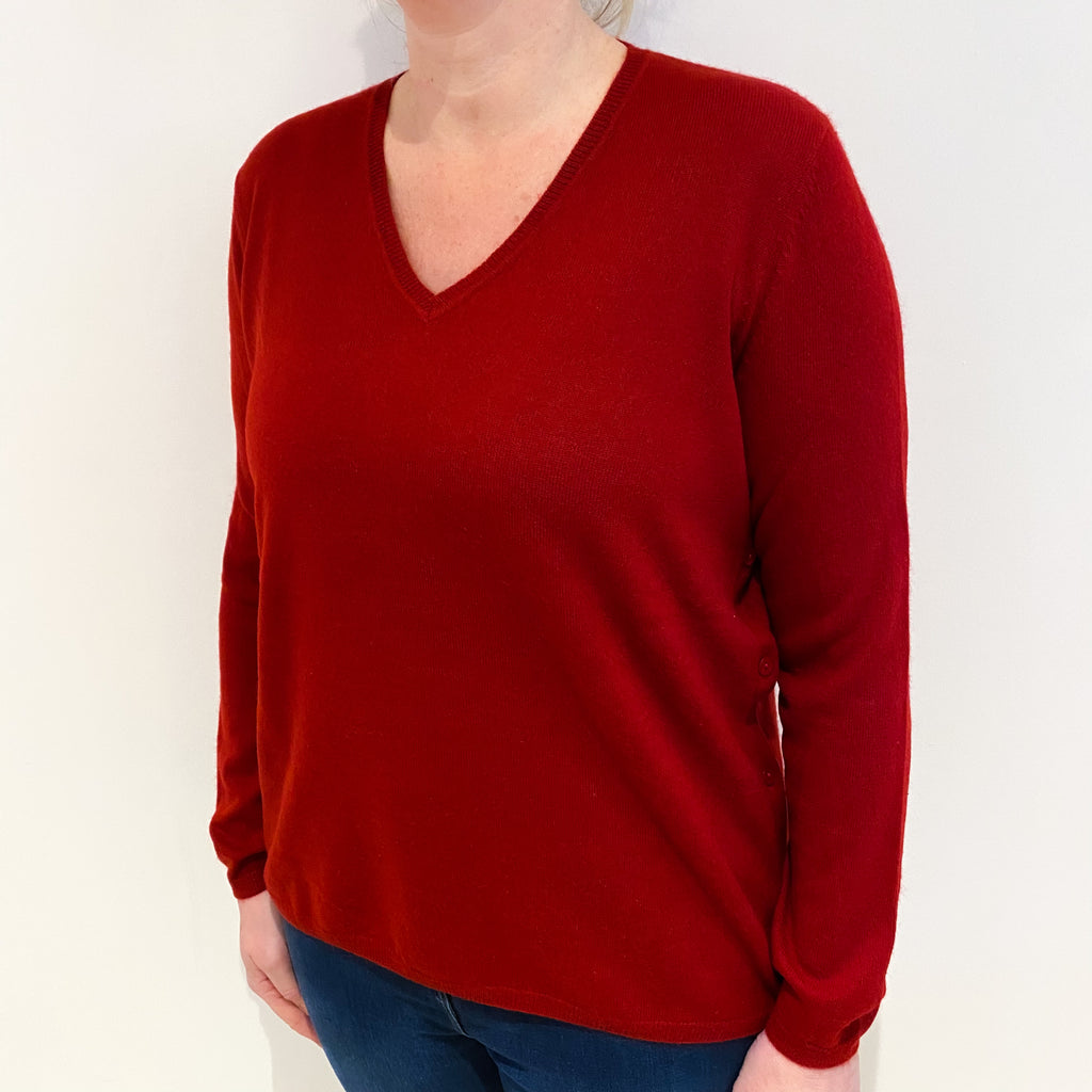 Crimson Red Cashmere Side Button V Neck Jumper Large