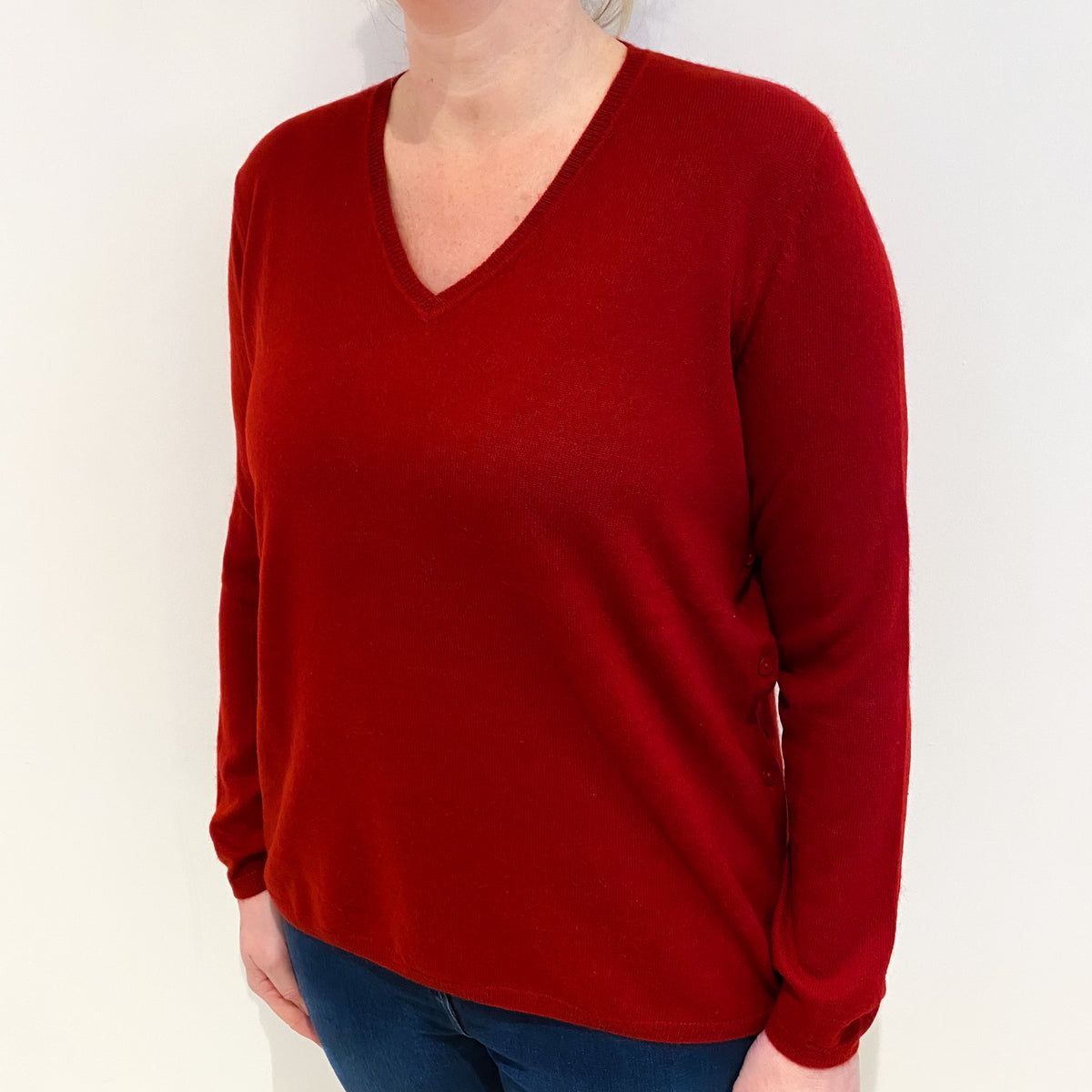 Crimson Red Cashmere Side Button V Neck Jumper Large