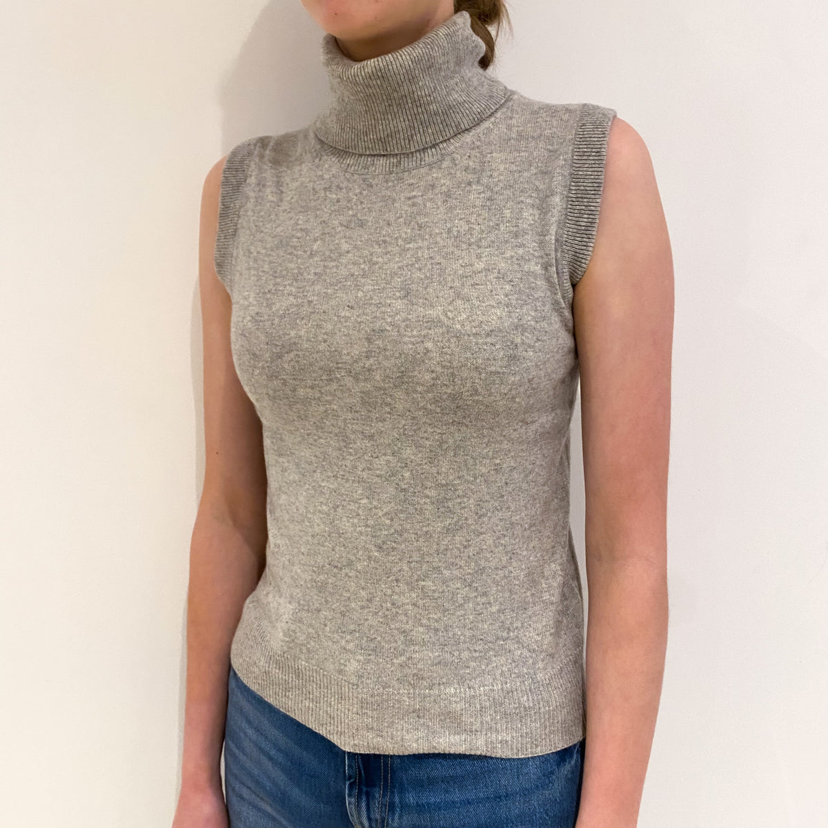 Smoke Grey Cashmere Sleeveless Polo Neck Jumper Extra Small