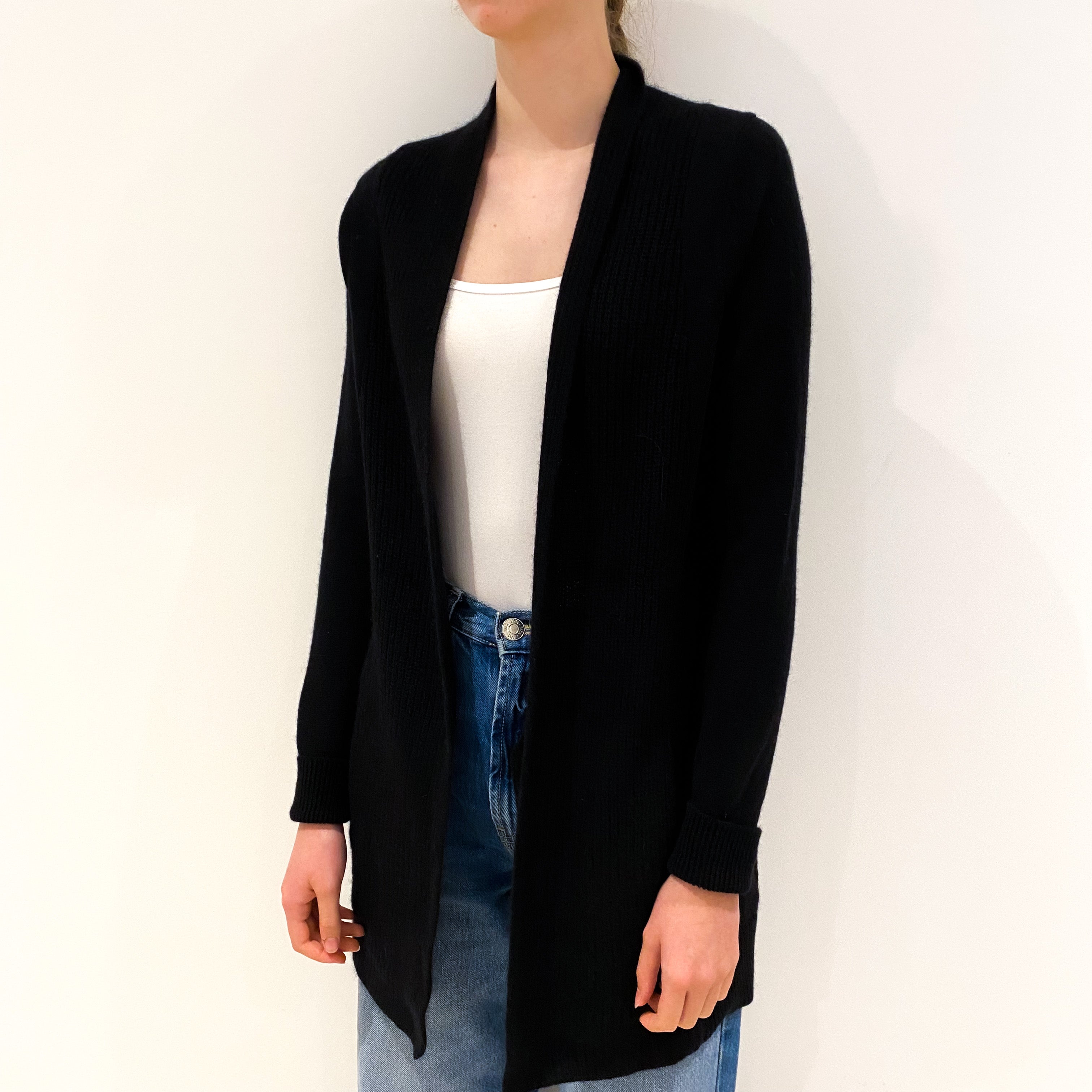 Black Cashmere Edge To Edge Cardigan with Pockets Extra Small