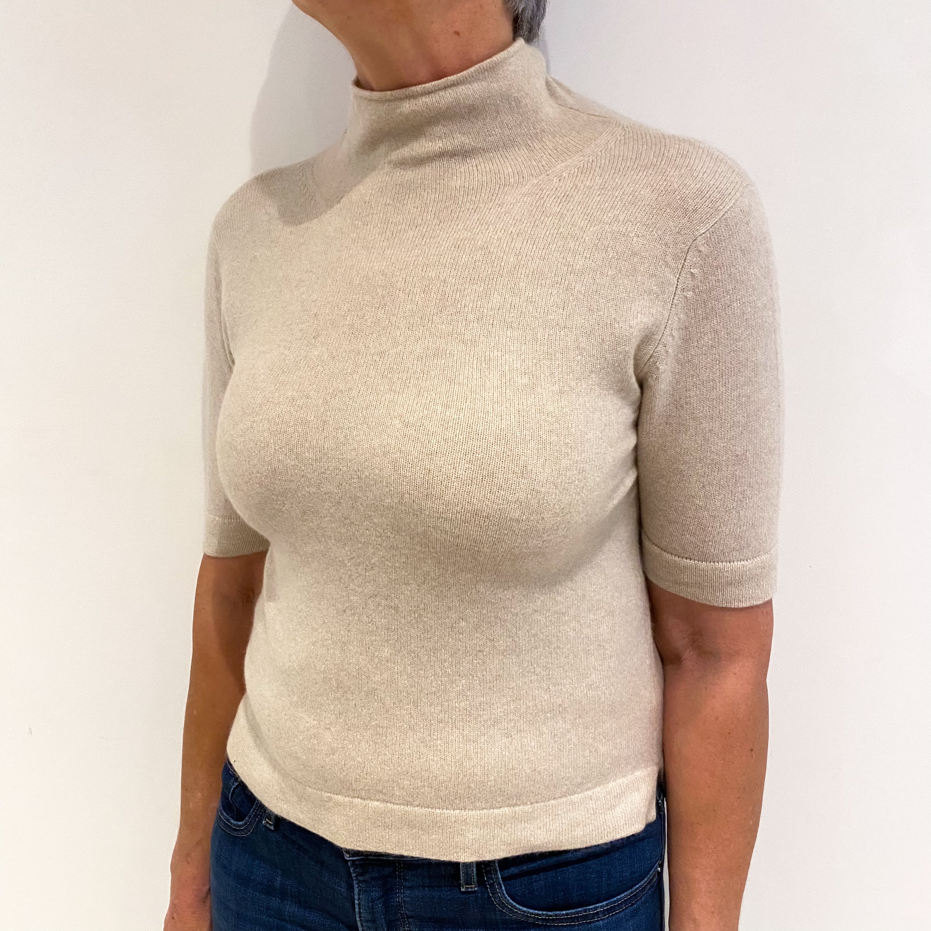 Honey Beige Cashmere Funnel Neck Short Sleeved Jumper Medium
