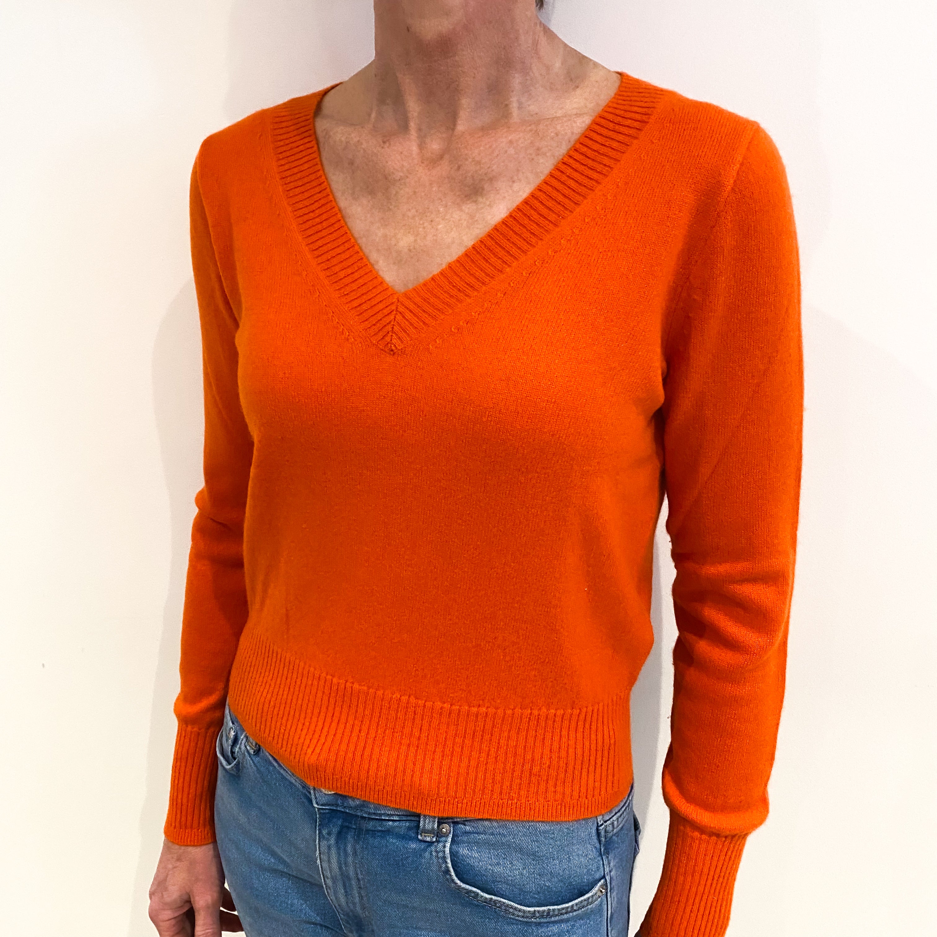 Tangerine Orange Cashmere V Neck Jumper Small