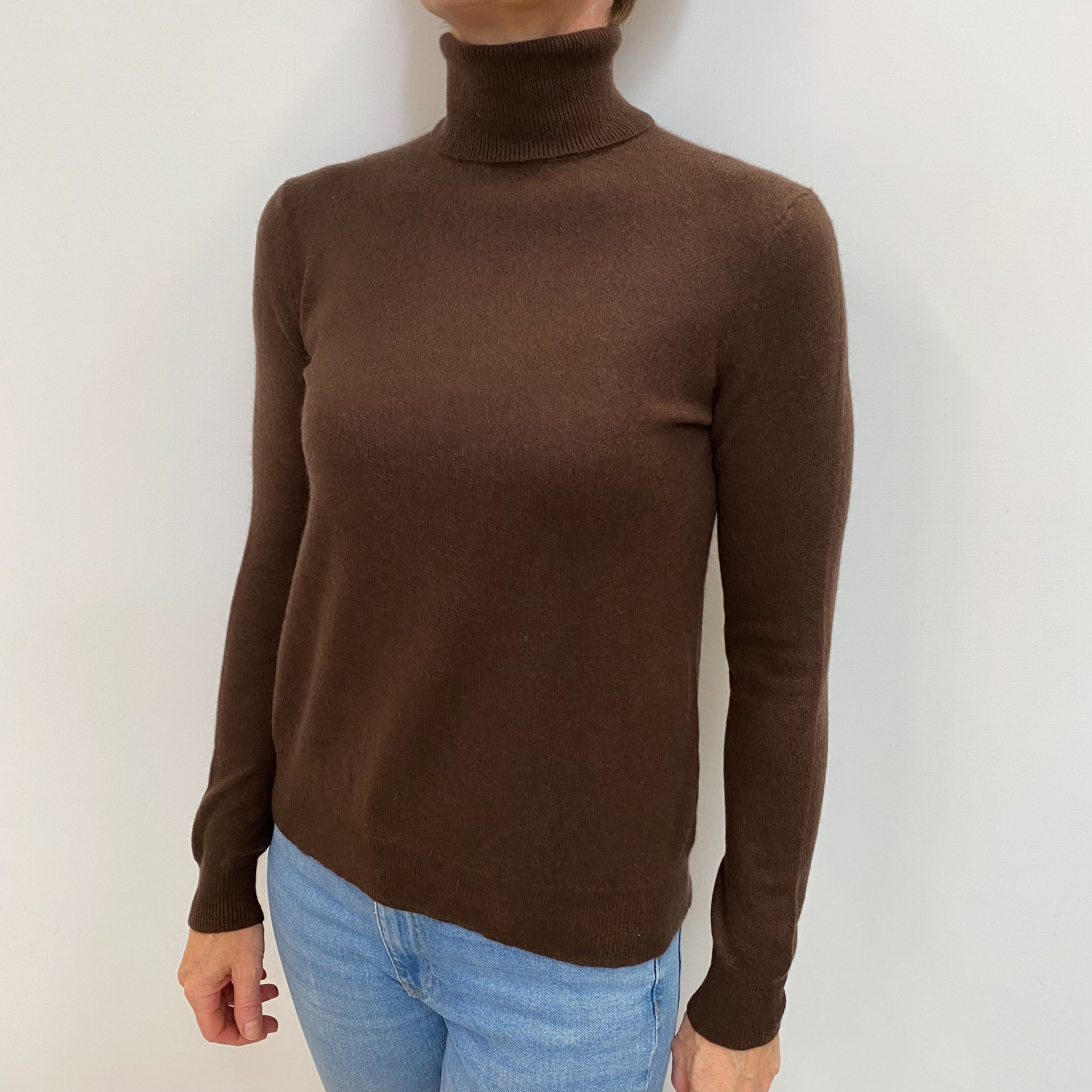Chocolate Brown Cashmere Polo Neck Jumper Small