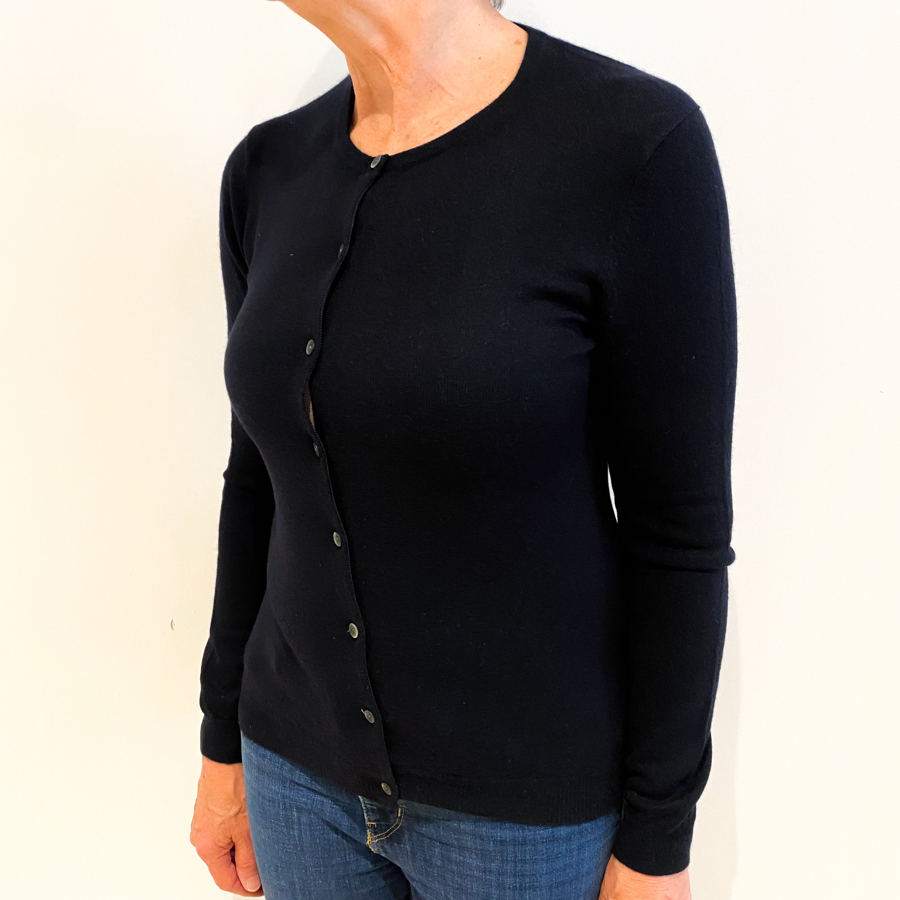 Navy Blue Cashmere Crew Neck Cardigan Medium