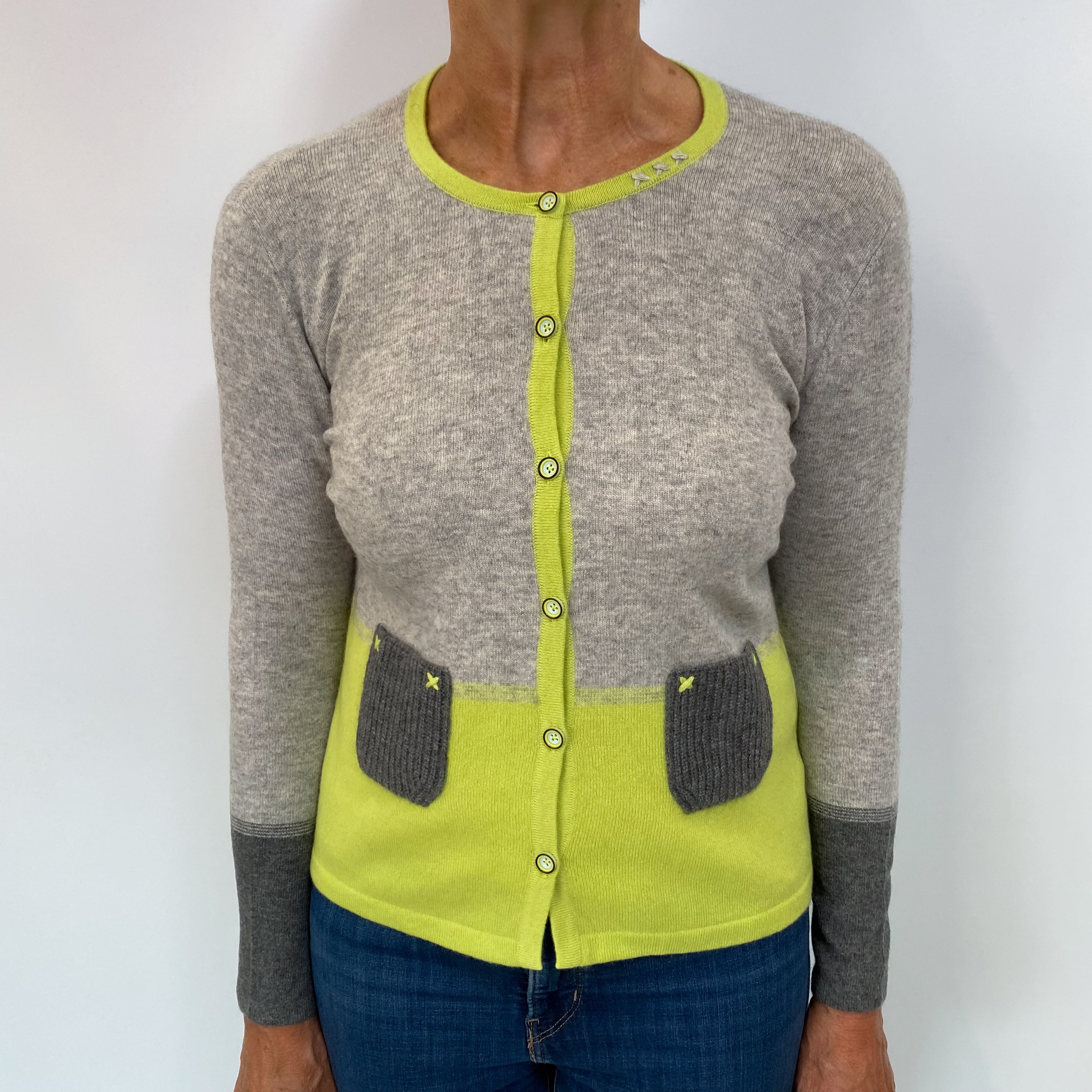Grey and Lime Cashmere Crew Neck Cardigan Medium