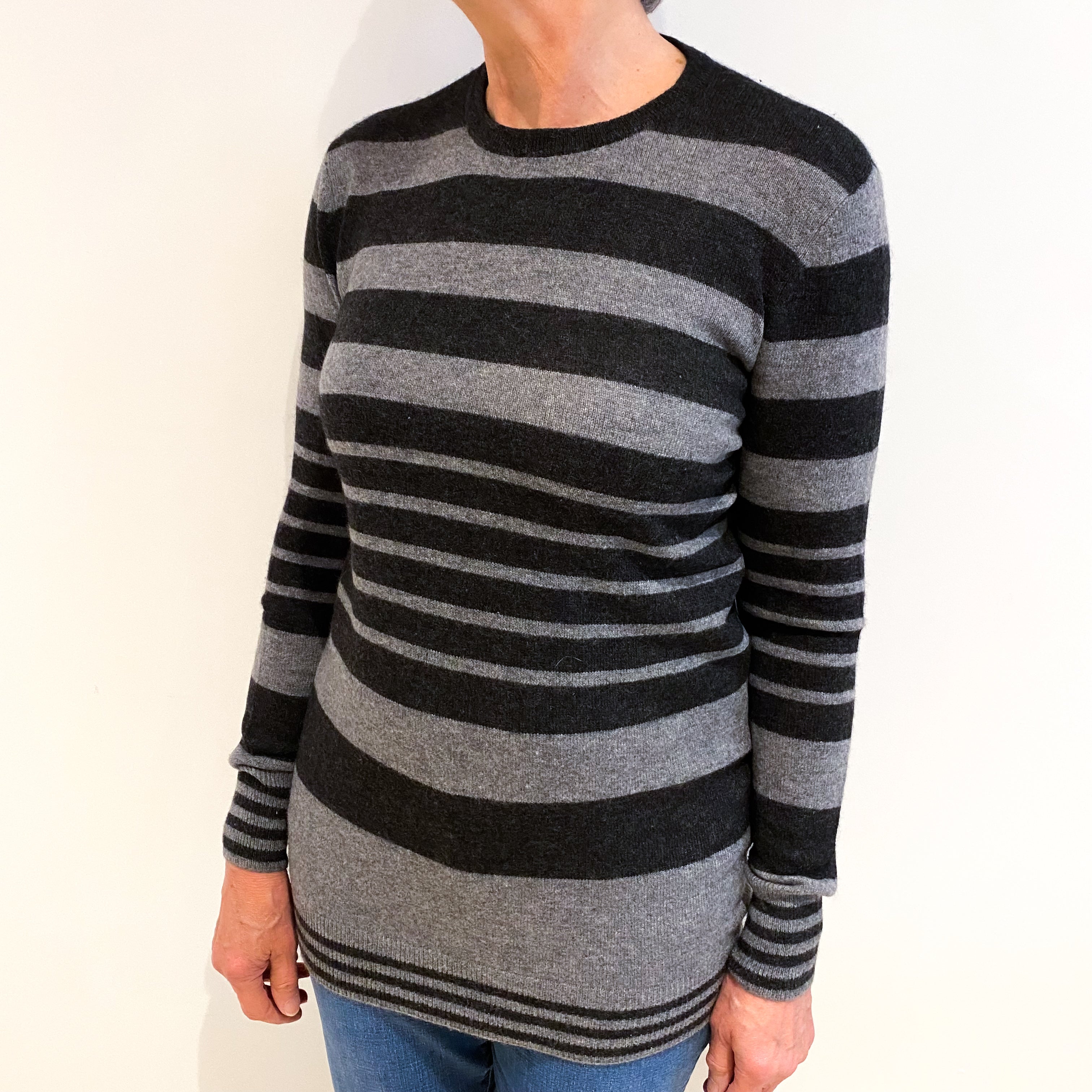 Charcoal And Slate Grey Striped Cashmere Crew Neck Jumper Medium