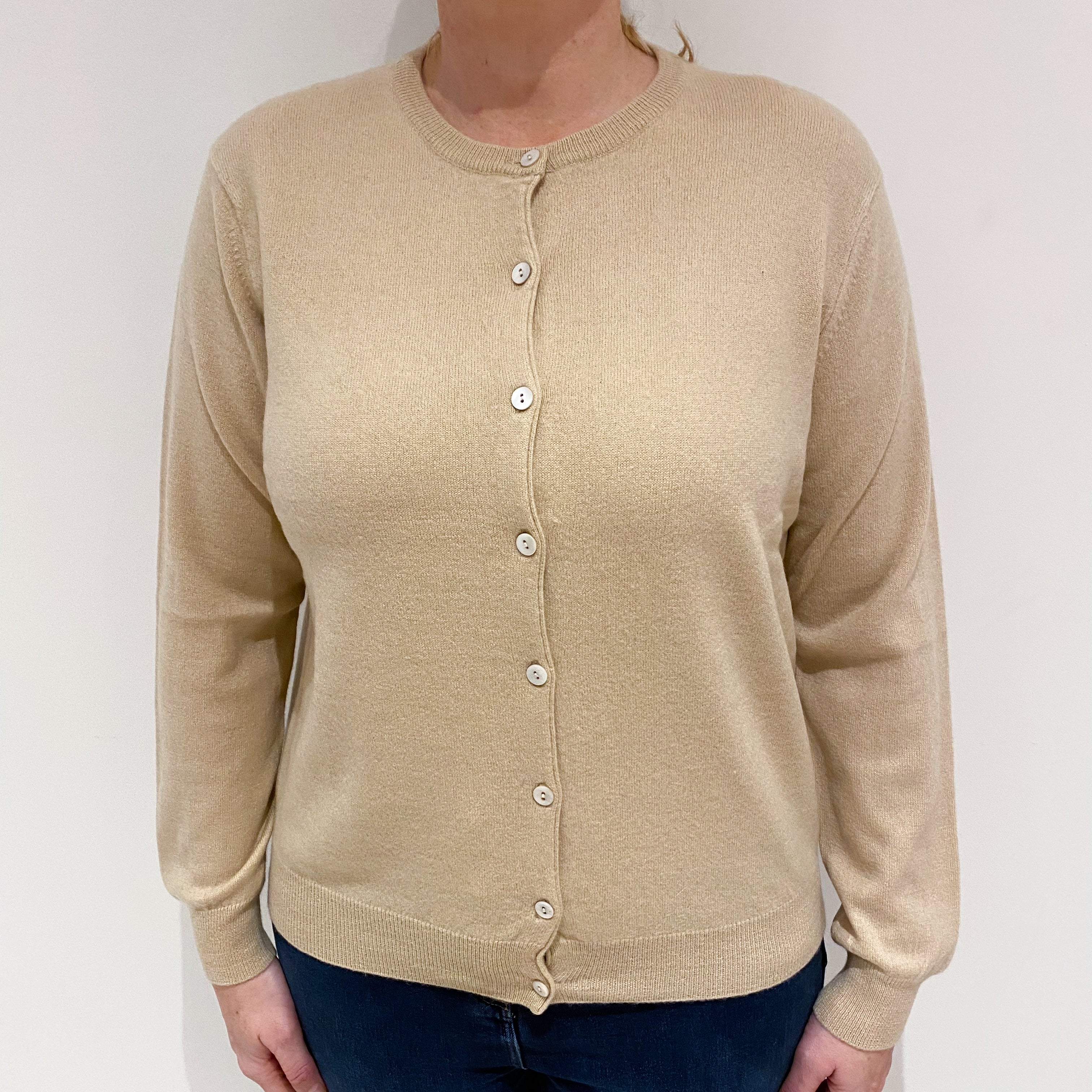 Beige Cashmere Crew Neck Cardigan Large