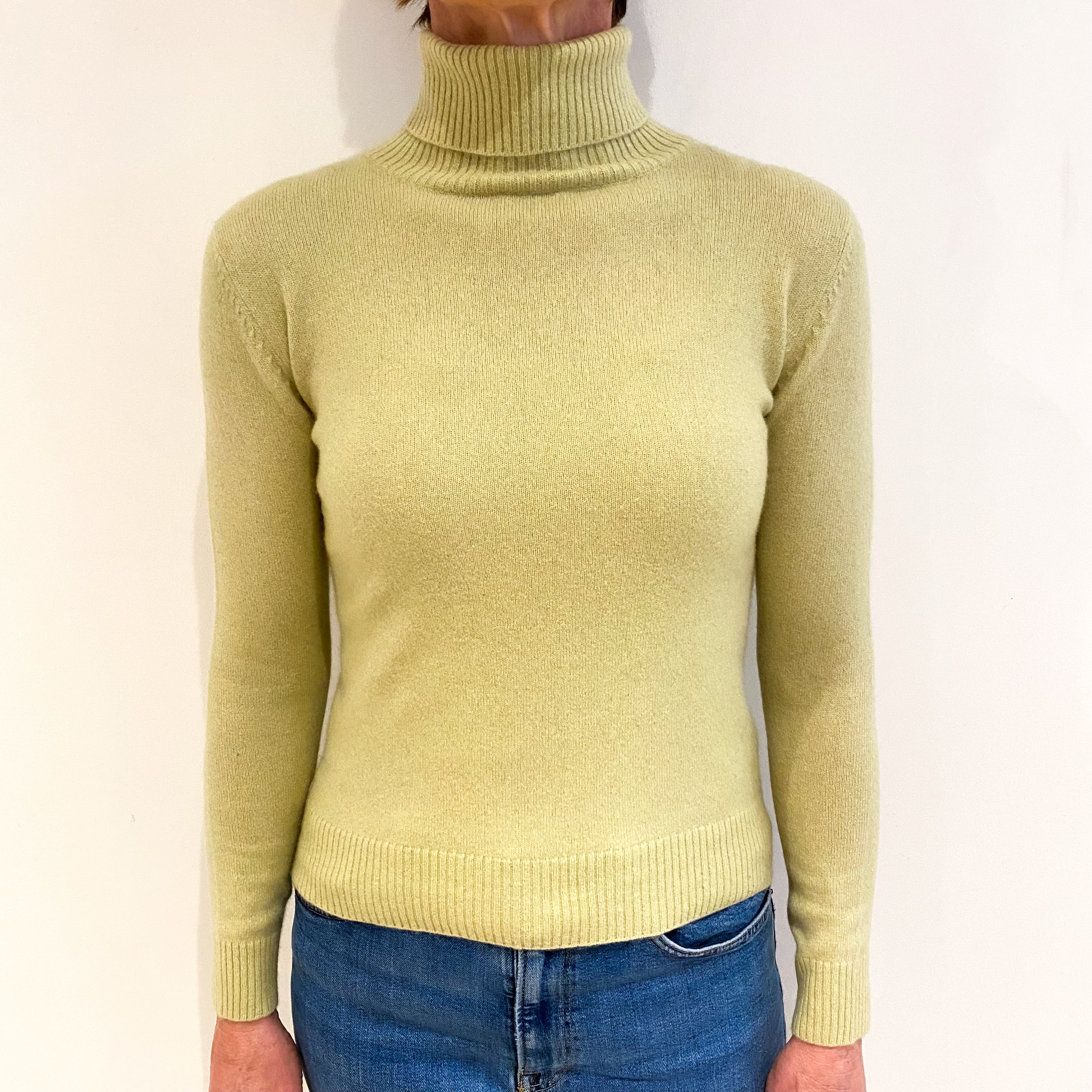 Pear Green Cashmere Polo Neck Jumper Small
