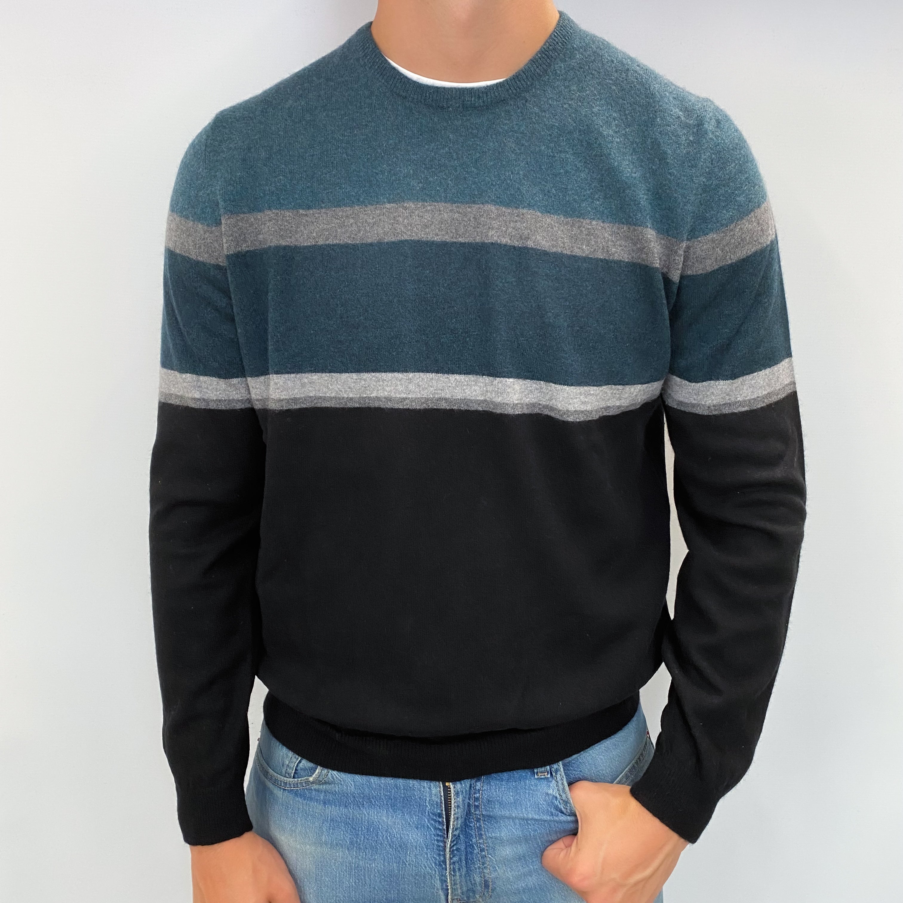 Men's Black Patterned Cashmere Crew Neck Jumper XL