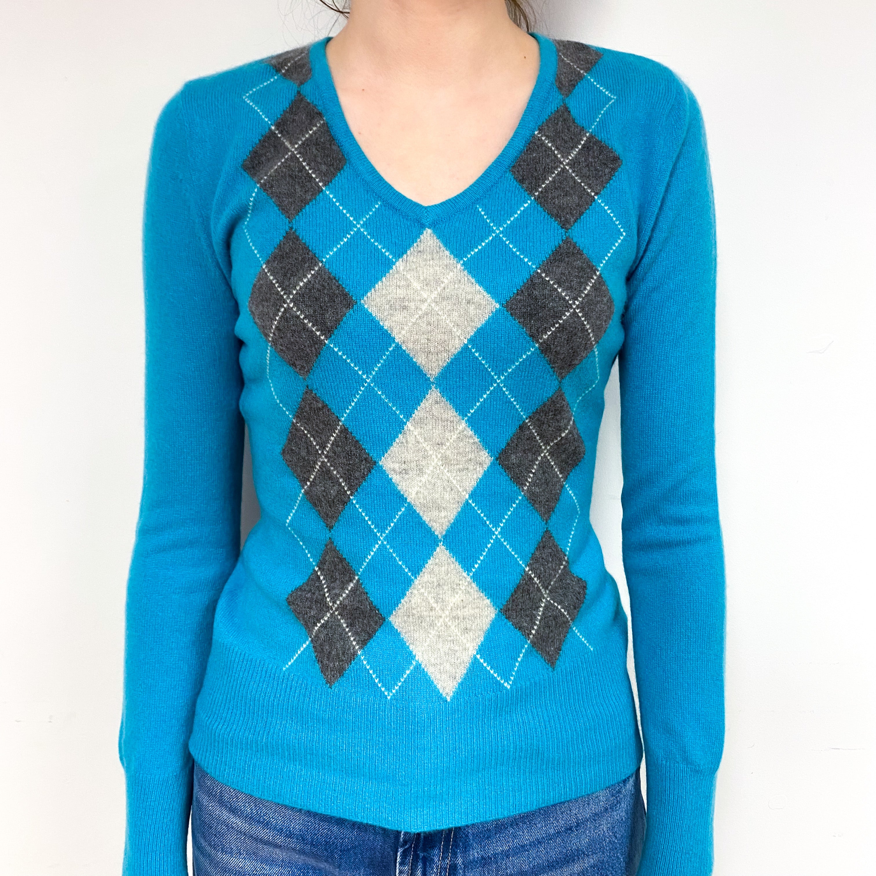 Turquoise Grey Argyle Cashmere V-Neck Jumper Extra Small