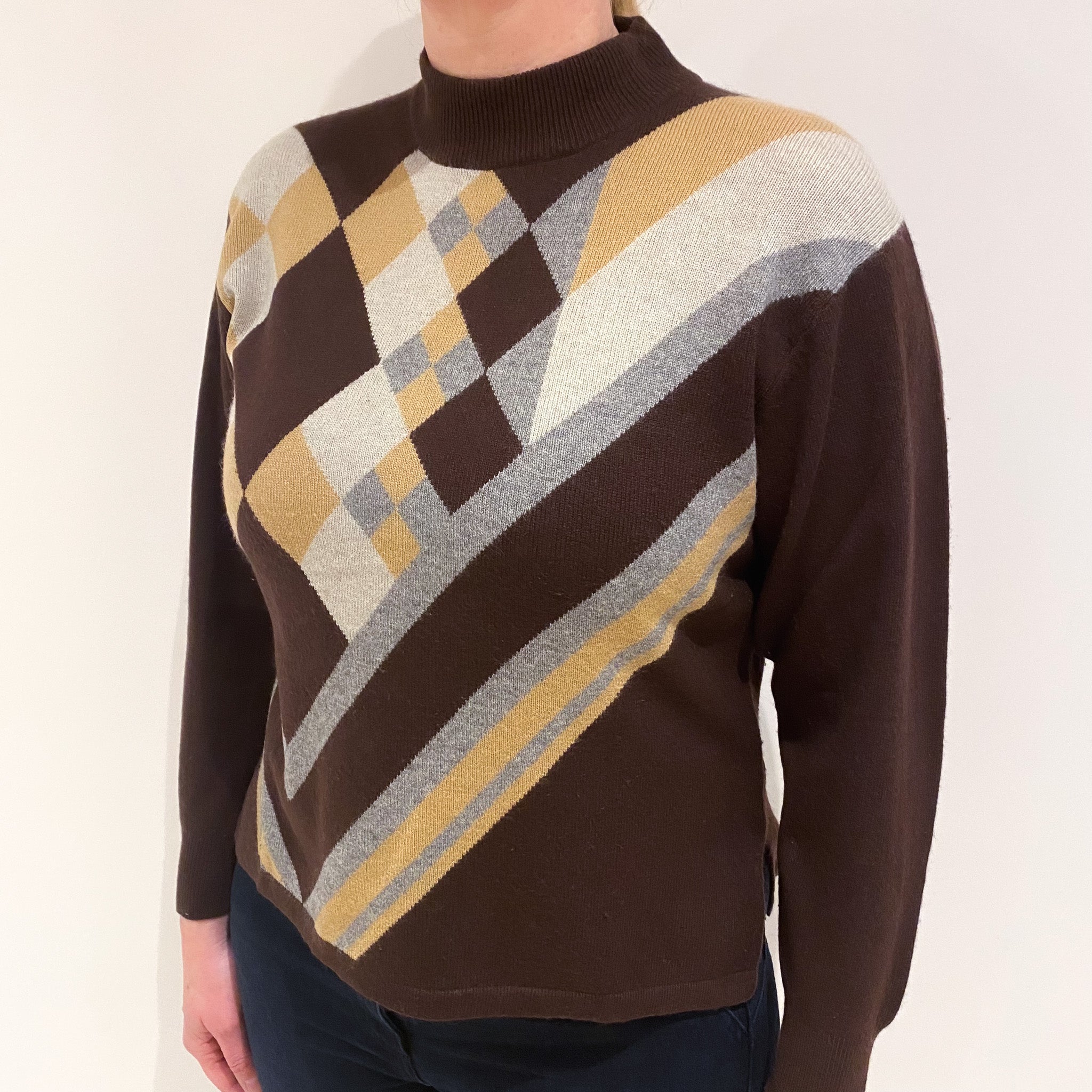 Chocolate Brown Geometric Cashmere Turtle Neck Jumper Large