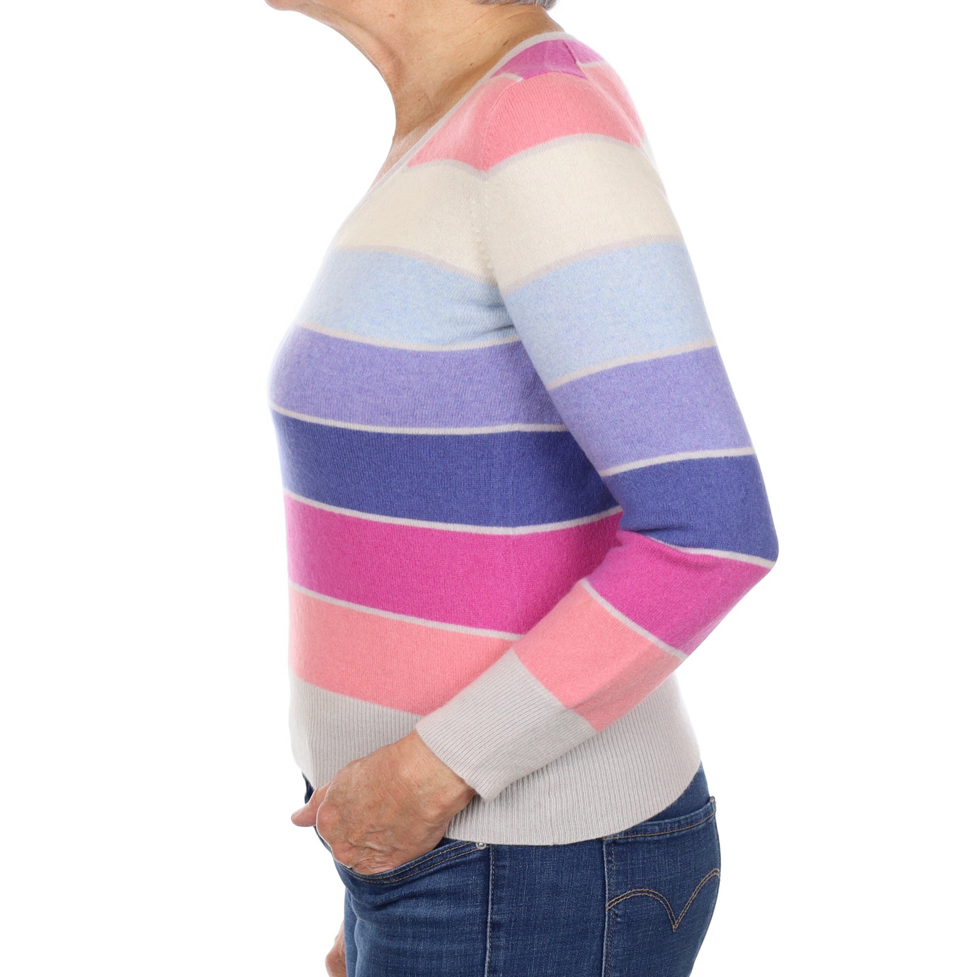 Grey and Multicoloured Striped Cashmere V Neck Jumper Medium