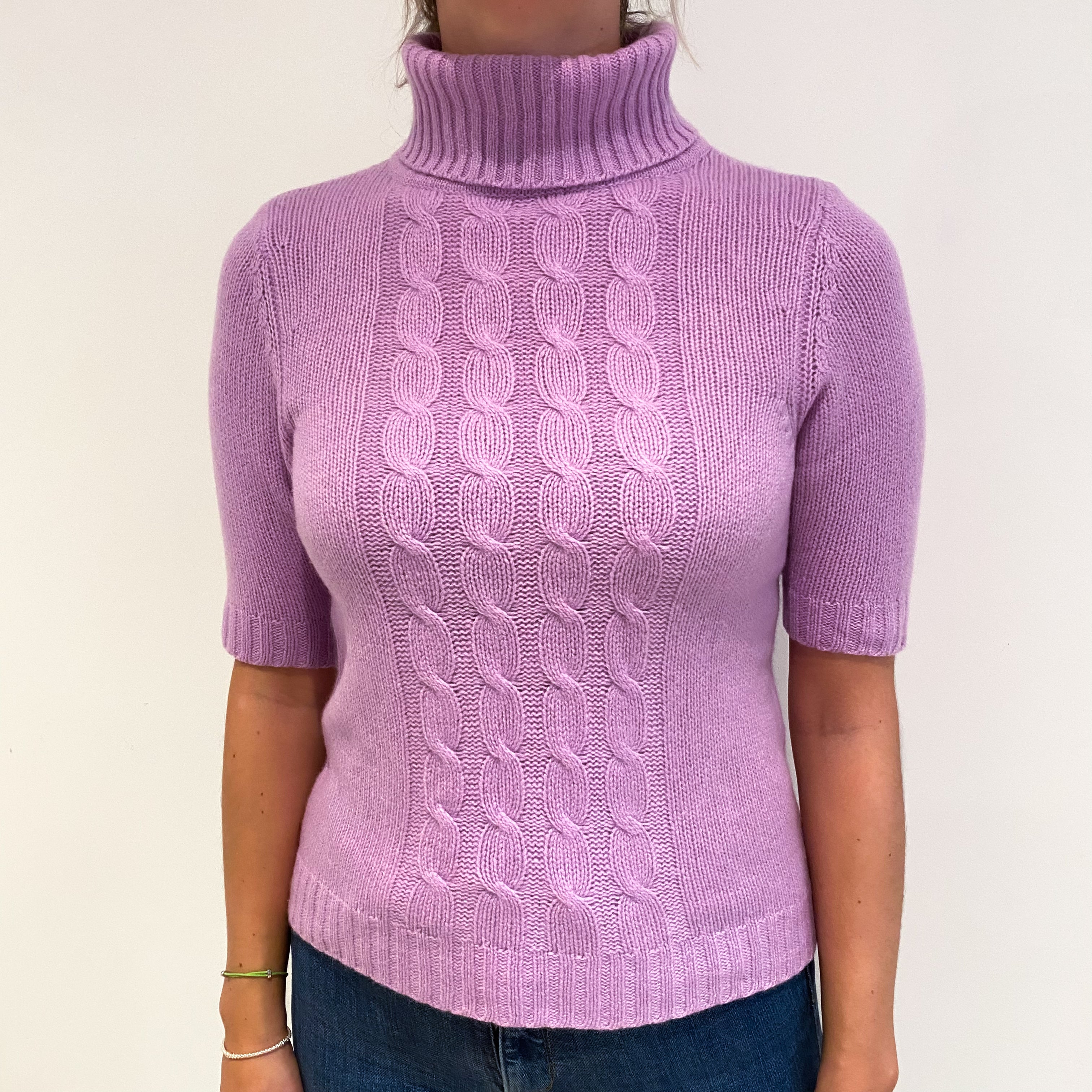 Lilac Pink Cashmere Polo Neck Short Sleeved Jumper Small
