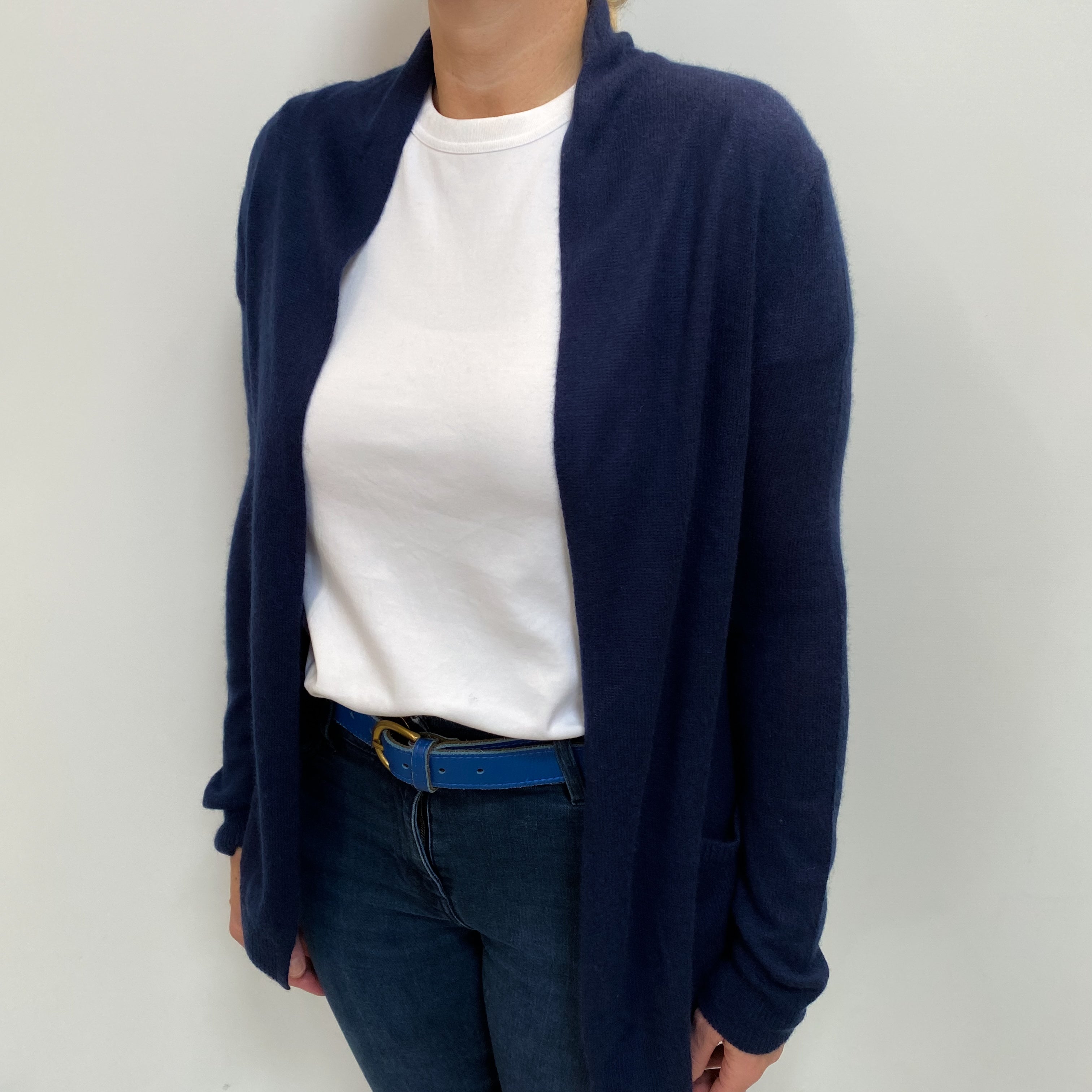 Navy Blue Cashmere Edge to Edge Cardigan with Pockets Large