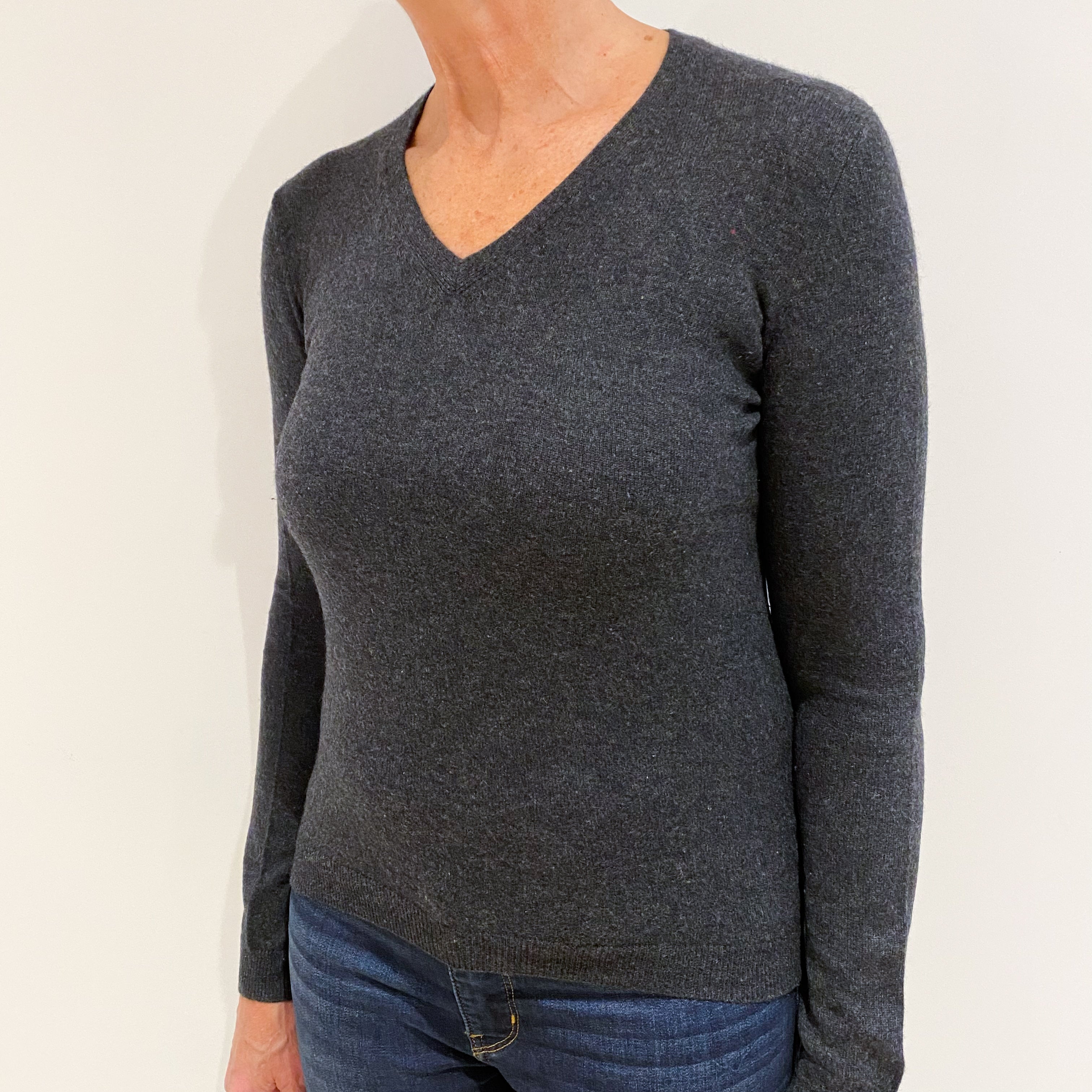 Charcoal Grey Cashmere V-Neck Jumper Medium