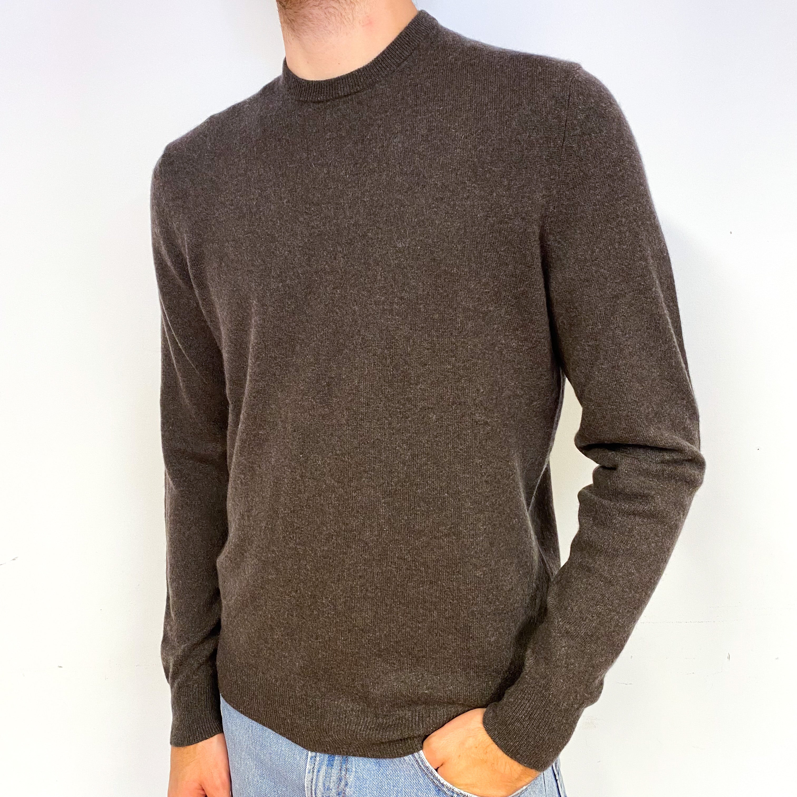 Men's Mole Brown Cashmere Crew Neck Jumper Medium