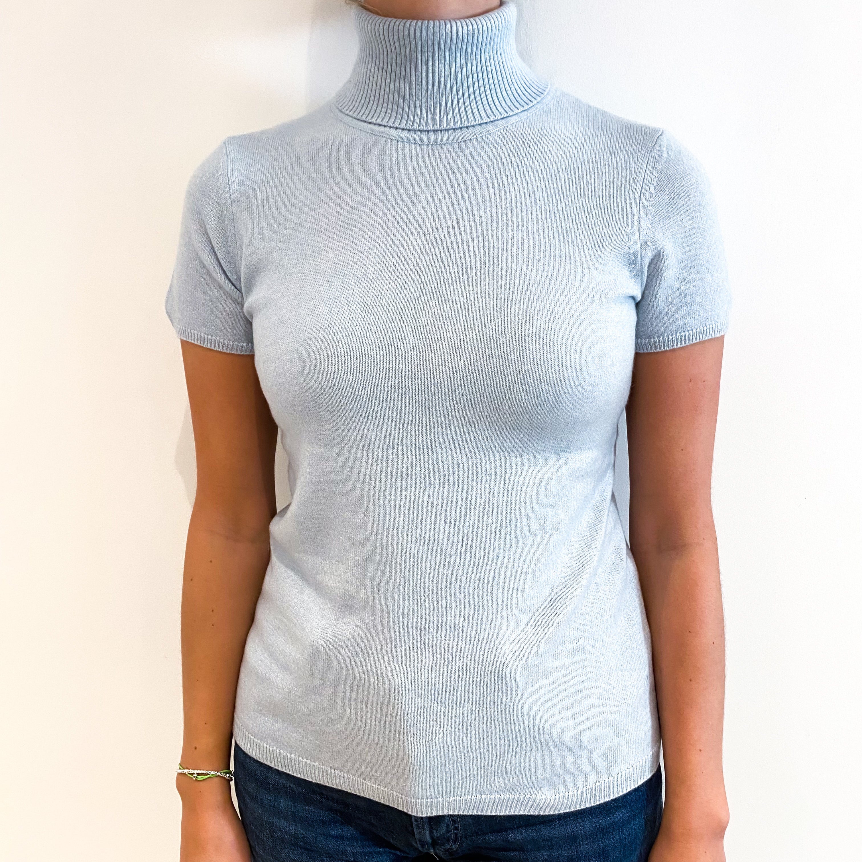 Ice Blue Cashmere Short Sleeved Polo Neck Jumper Small