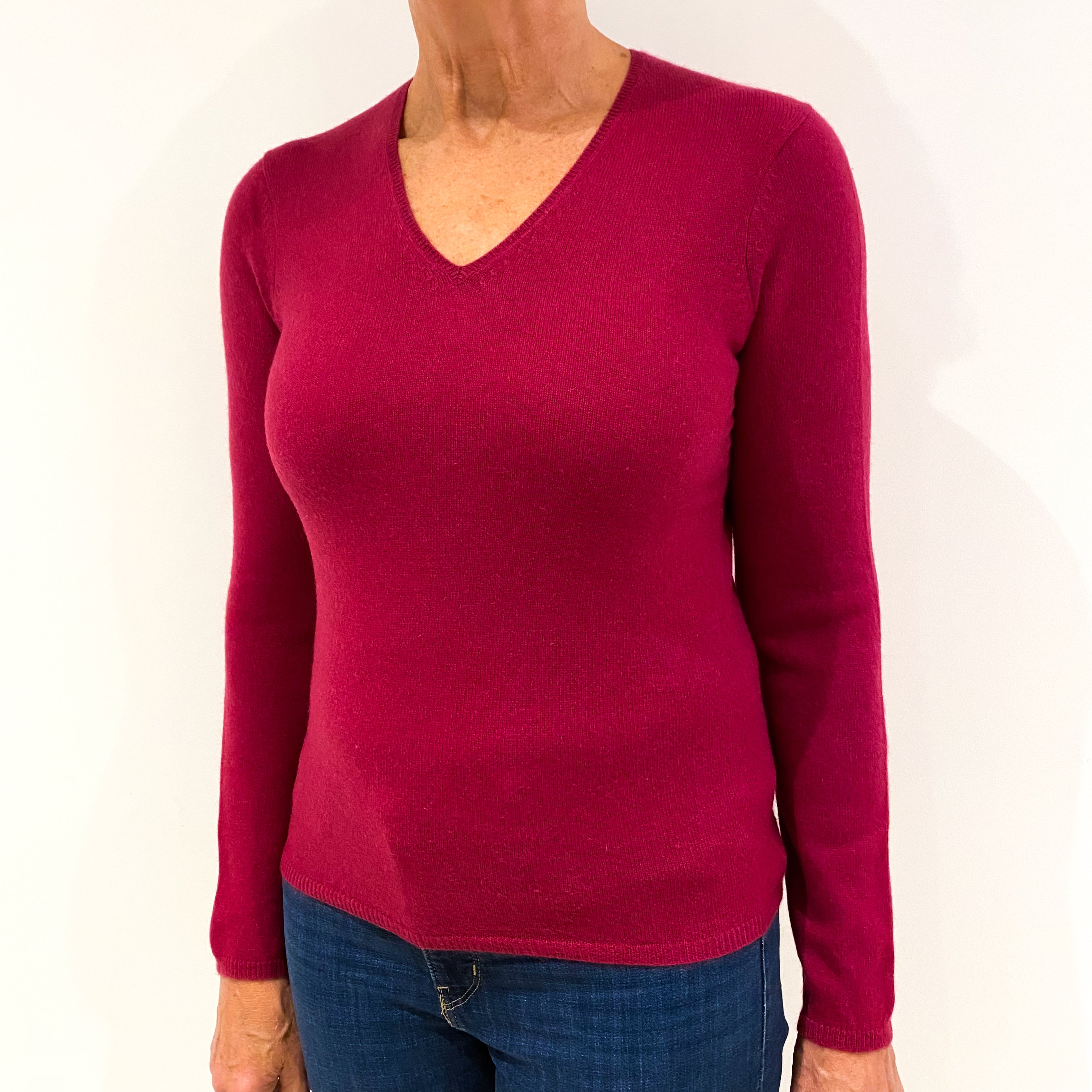 Raspberry Pink Cashmere V-Neck Jumper Medium