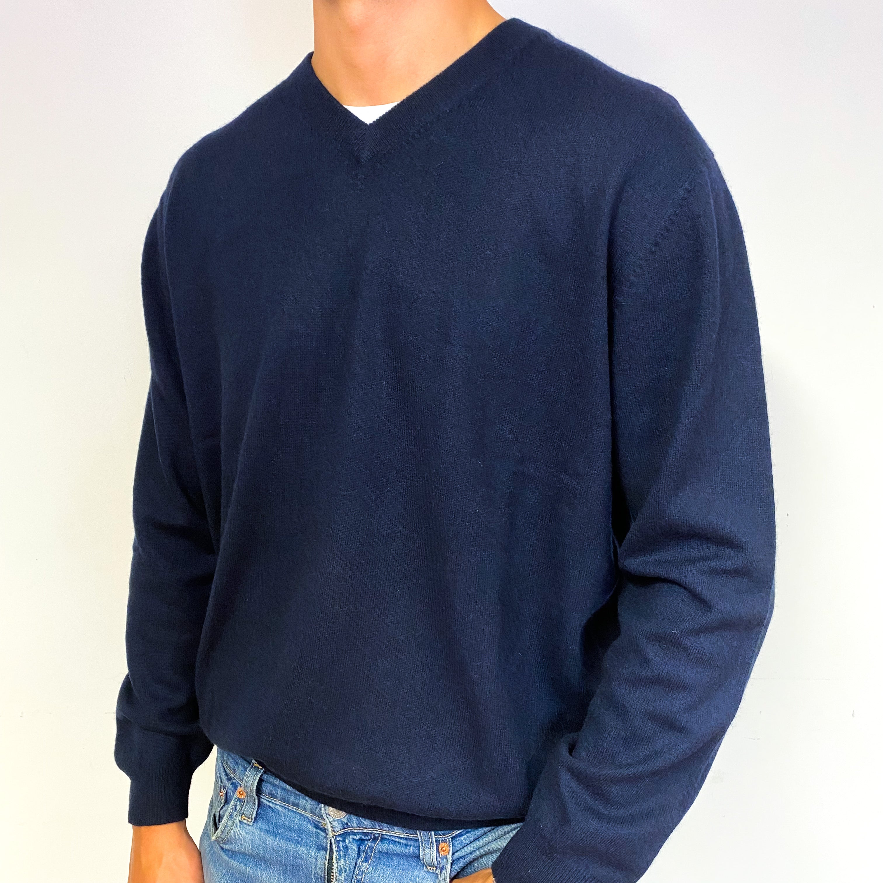 Men's Navy Blue Cashmere V-Neck Jumper Extra Large