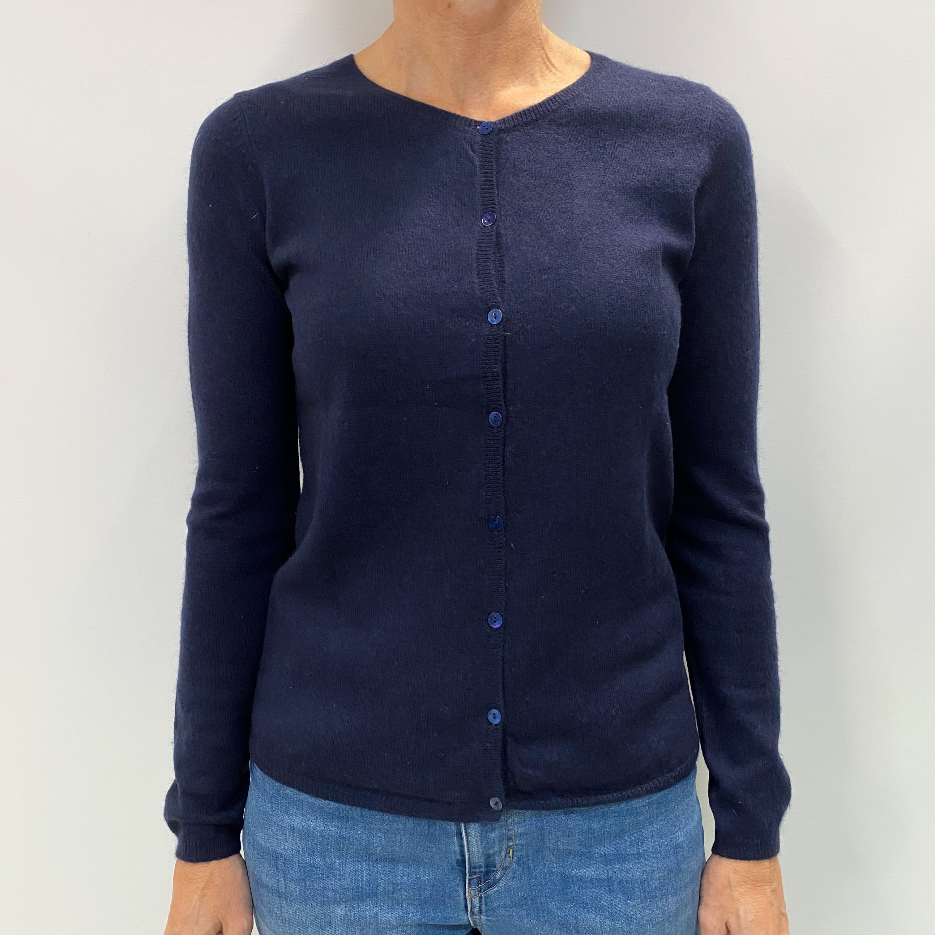 Navy Blue Cashmere Crew Neck Cardigan Small