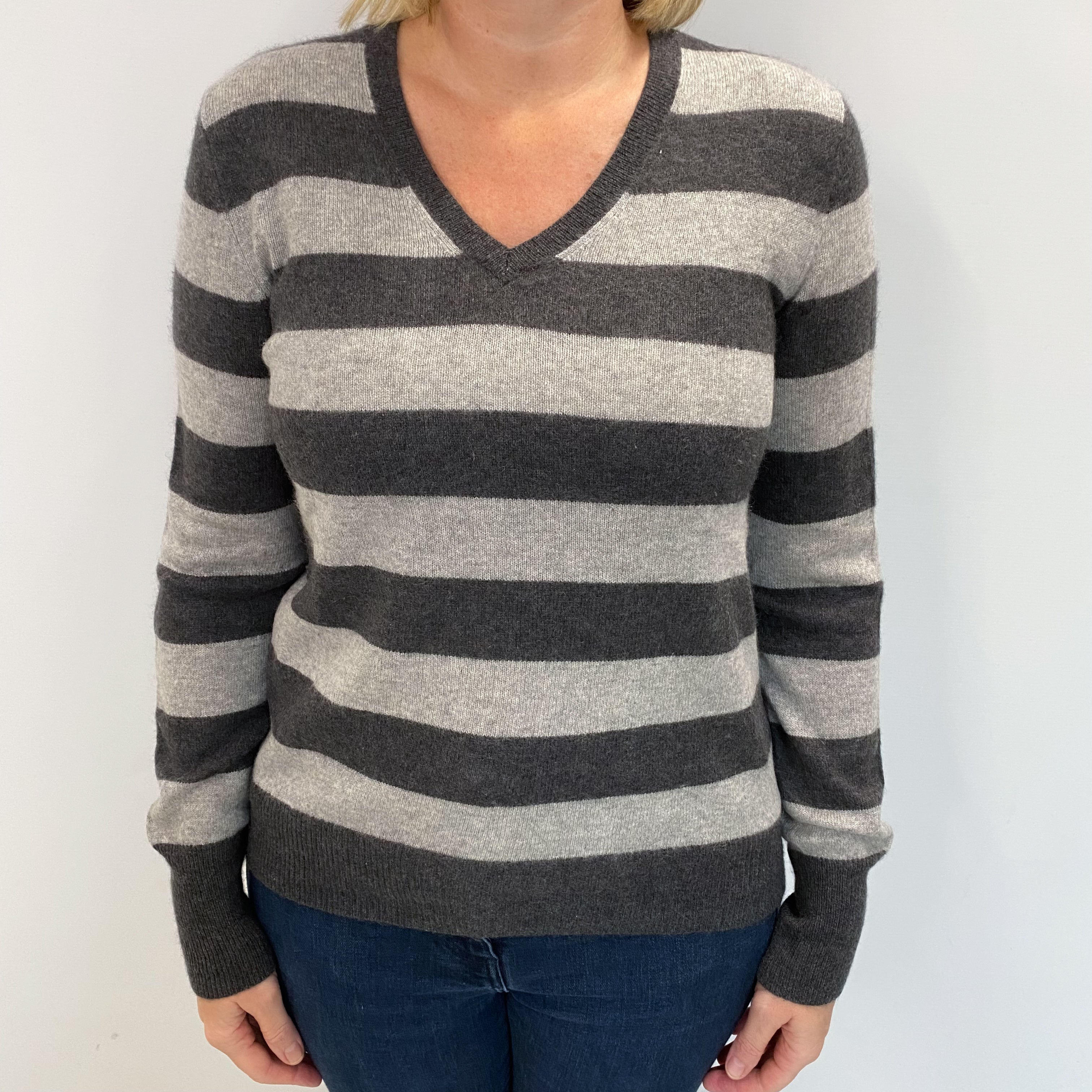Grey Striped Cashmere V Neck Jumper Large
