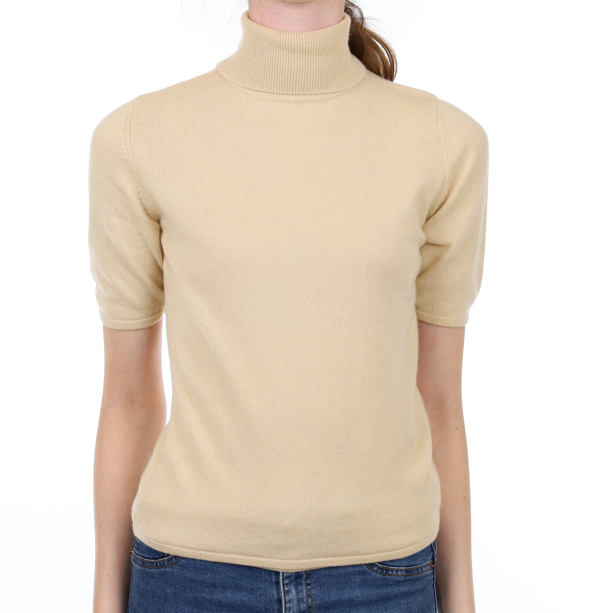 Sand Beige Cashmere Polo Neck Short Sleeved Jumper Extra Small