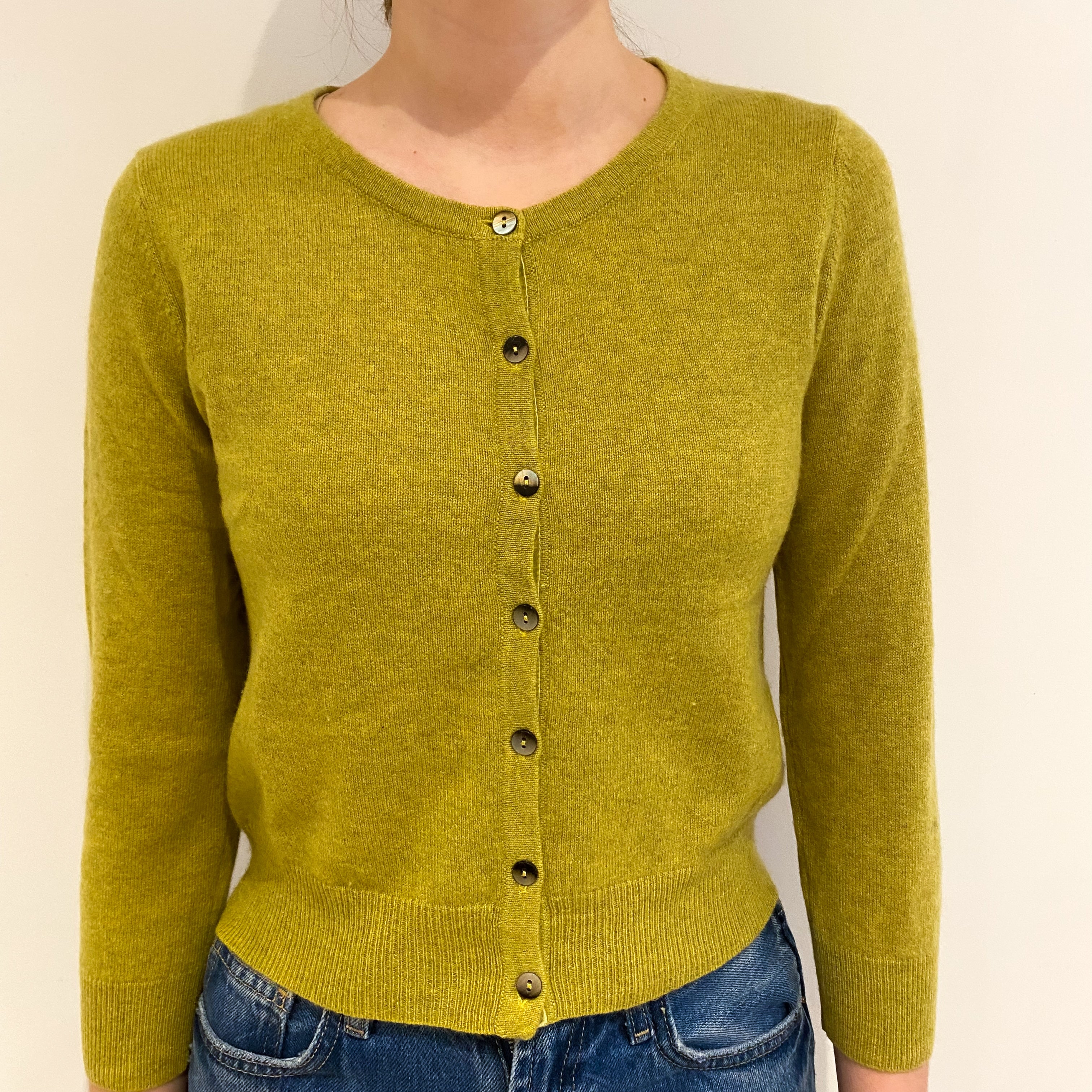 Lichen Green Cashmere Cropped Crew Neck Cardigan Extra Small