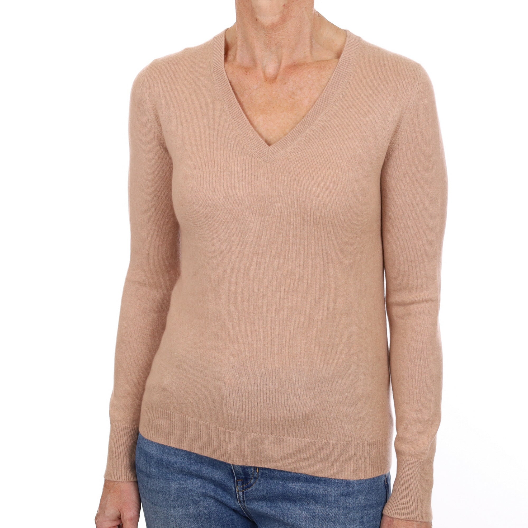 Nude Beige Cashmere V Neck Jumper Small
