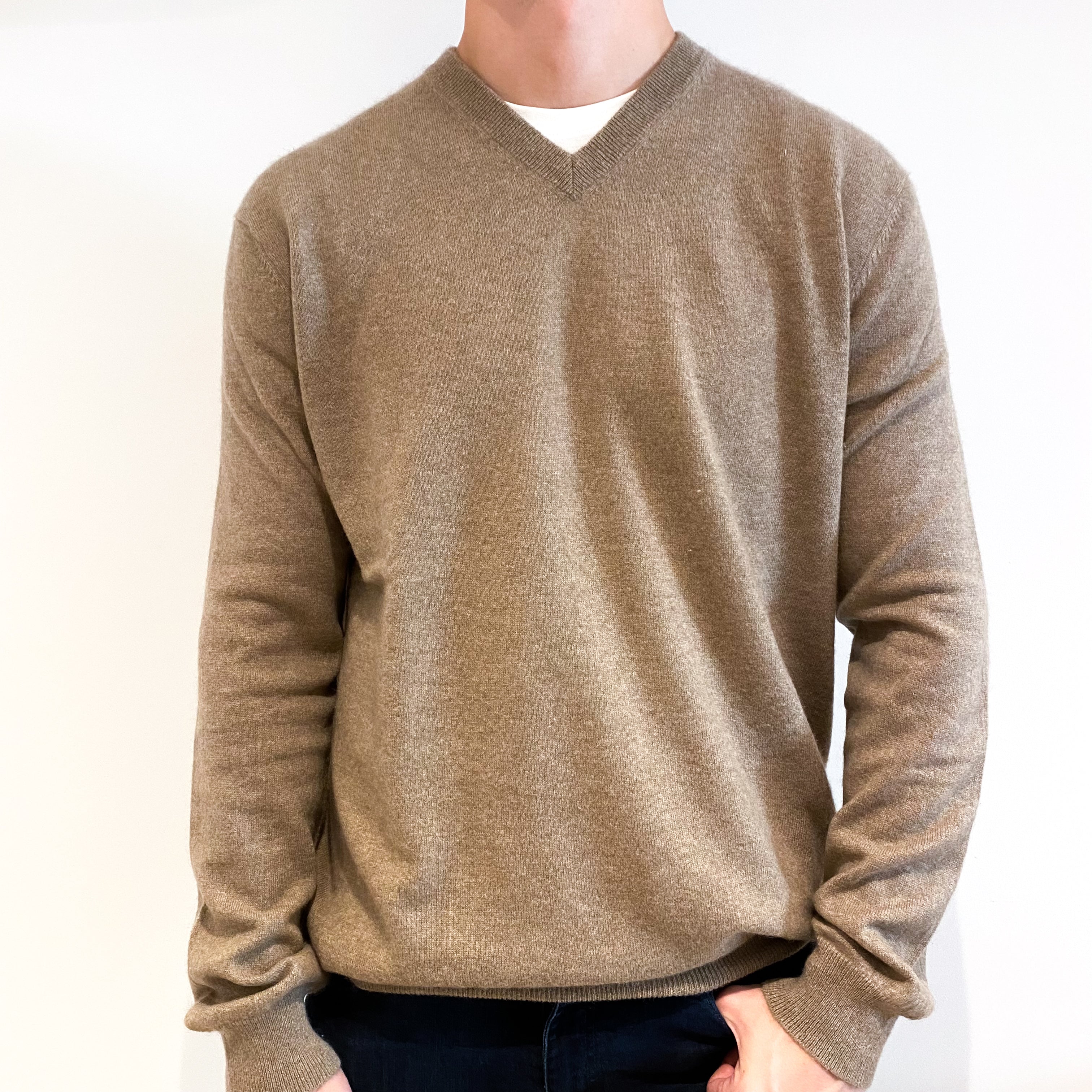 Men's Taupe Brown Cashmere V-Neck Jumper Extra Large